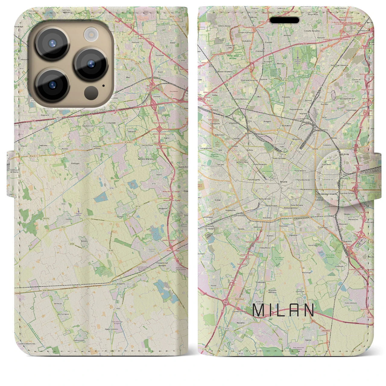 【ミラノ(イタリア)】地図柄iPhoneケース(手帳タイプ)ナチュラル・iPhone 14 Pro Max 用