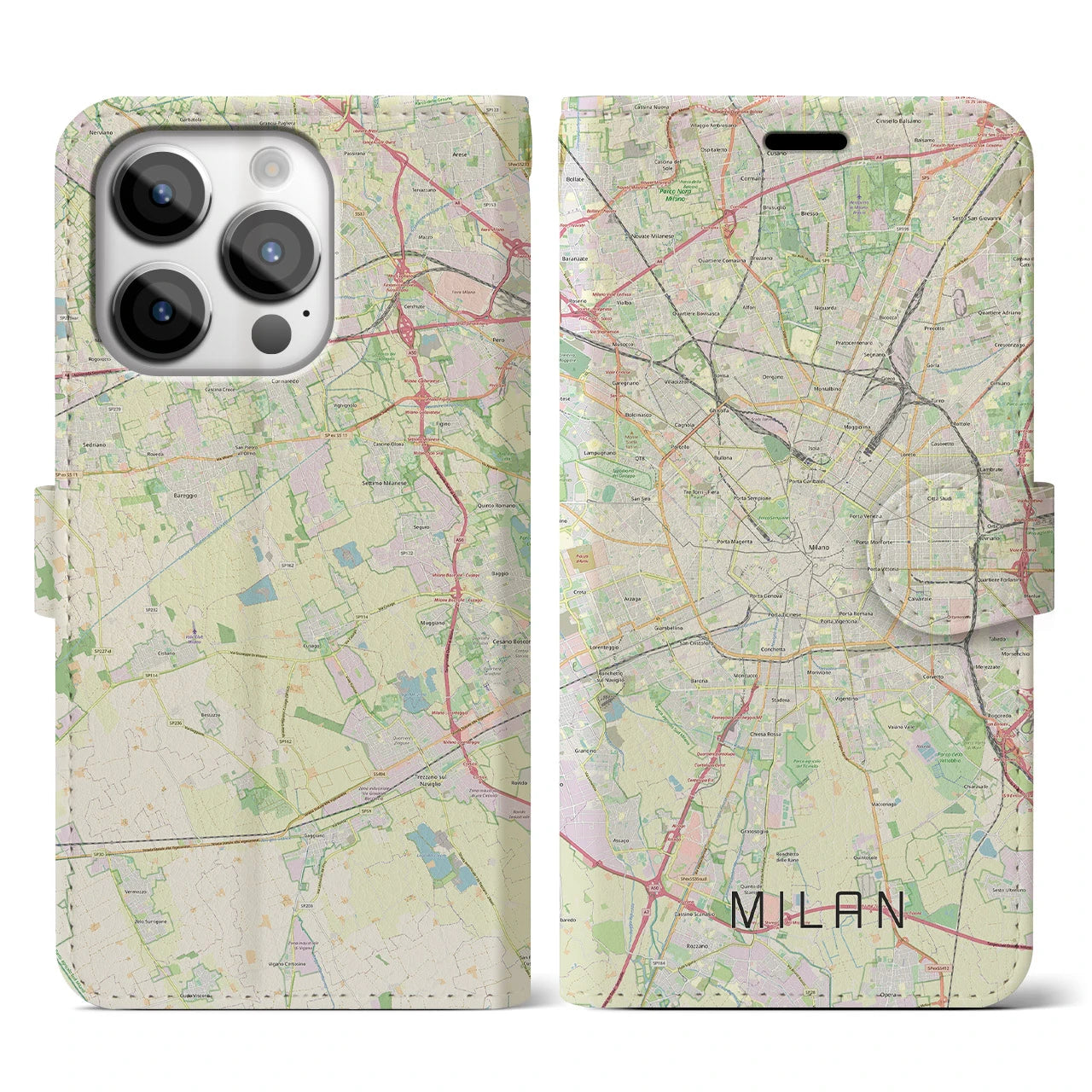 【ミラノ(イタリア)】地図柄iPhoneケース(手帳タイプ)ナチュラル・iPhone 14 Pro 用