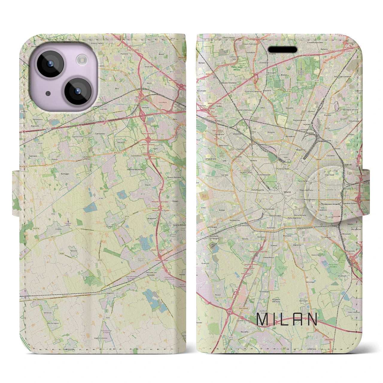 【ミラノ(イタリア)】地図柄iPhoneケース(手帳タイプ)ナチュラル・iPhone 14 用