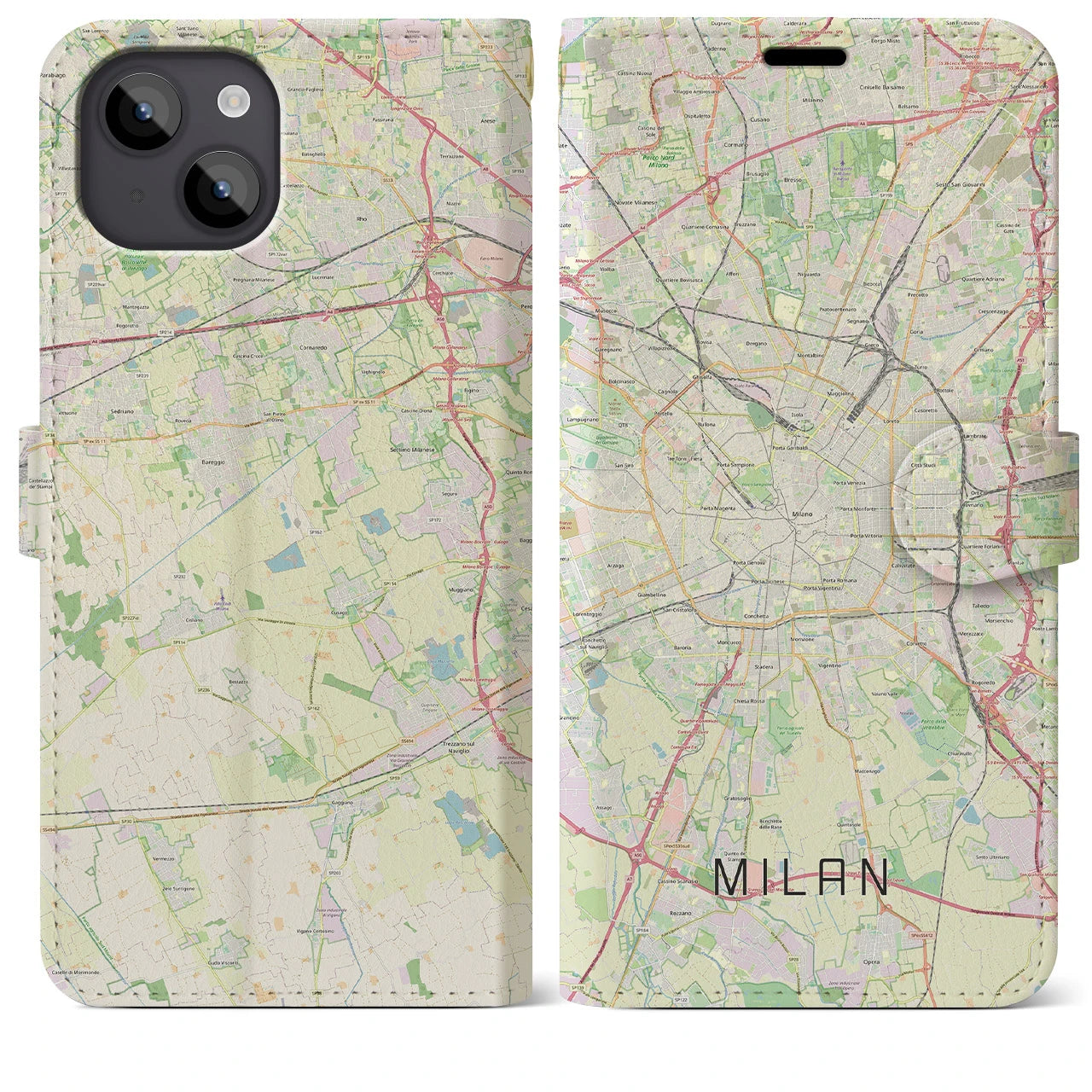 【ミラノ(イタリア)】地図柄iPhoneケース(手帳タイプ)ナチュラル・iPhone 14 Plus 用