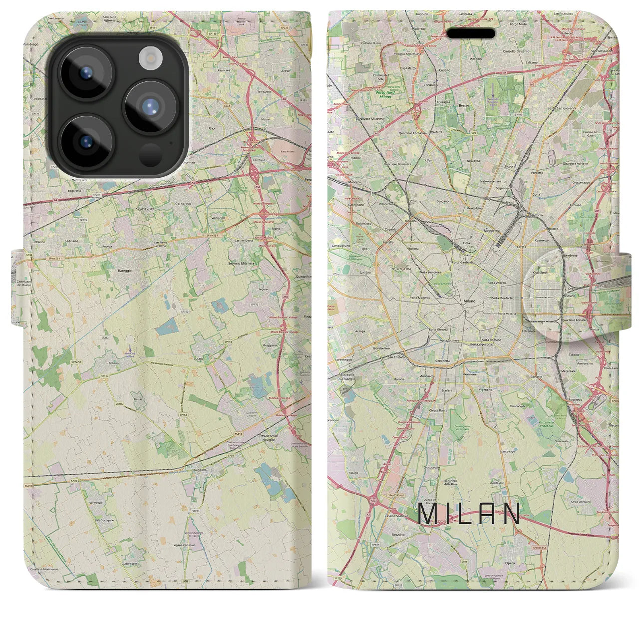 【ミラノ(イタリア)】地図柄iPhoneケース(手帳タイプ)ナチュラル・iPhone 15 Pro Max 用