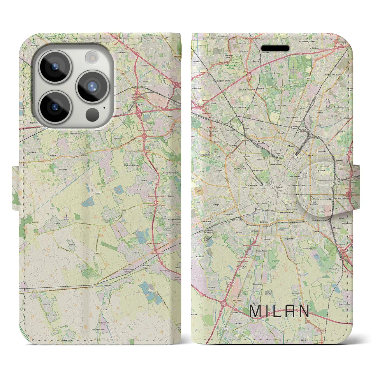 【ミラノ(イタリア)】地図柄iPhoneケース(手帳タイプ)ナチュラル・iPhone 15 Pro 用