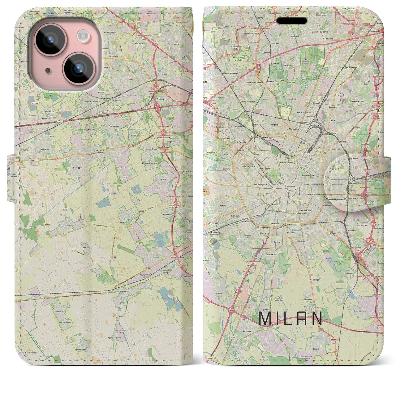 【ミラノ(イタリア)】地図柄iPhoneケース(手帳タイプ)ナチュラル・iPhone 15 Plus 用