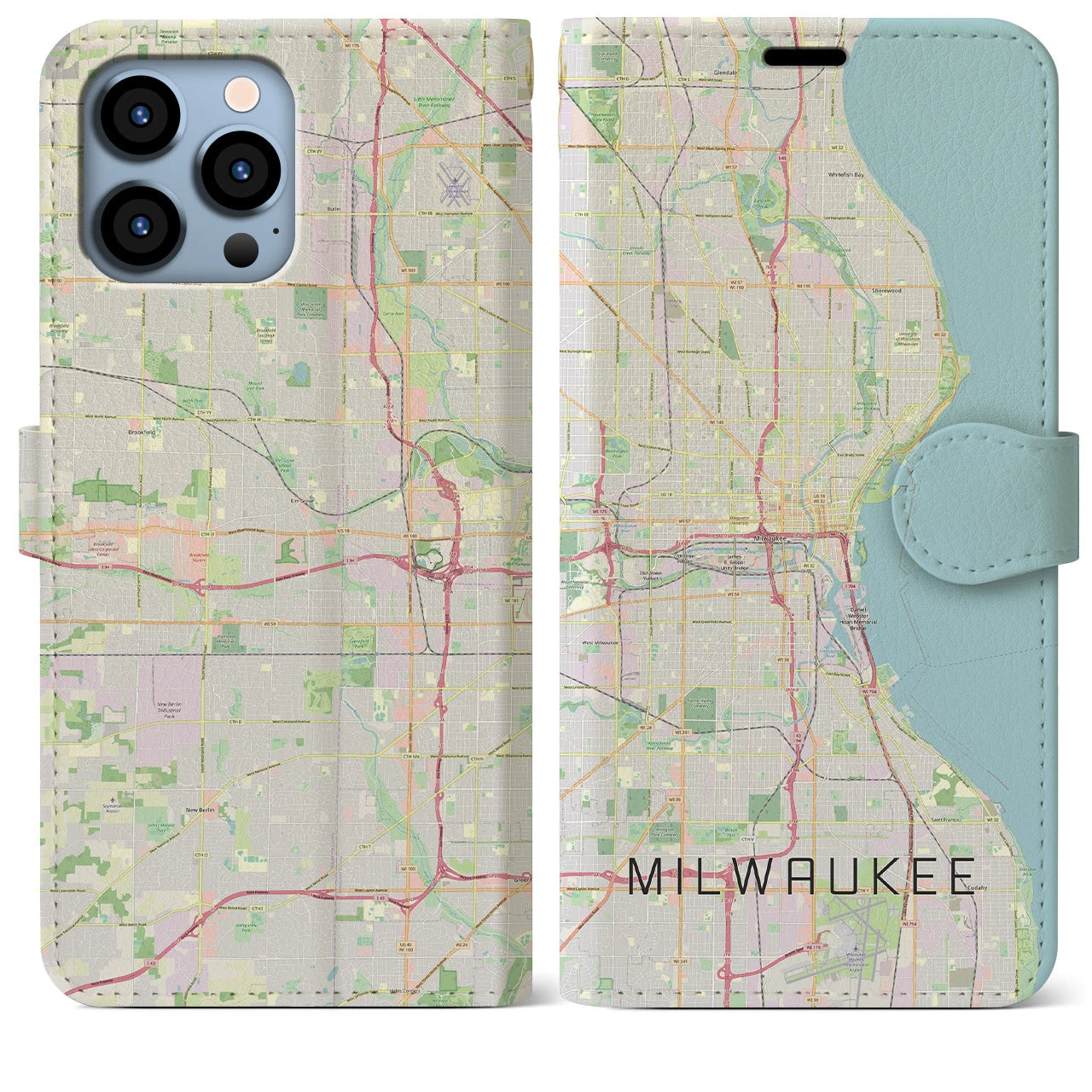 【ミルウォーキー(アメリカ)】地図柄iPhoneケース(手帳タイプ)ナチュラル・iPhone 13 Pro Max 用