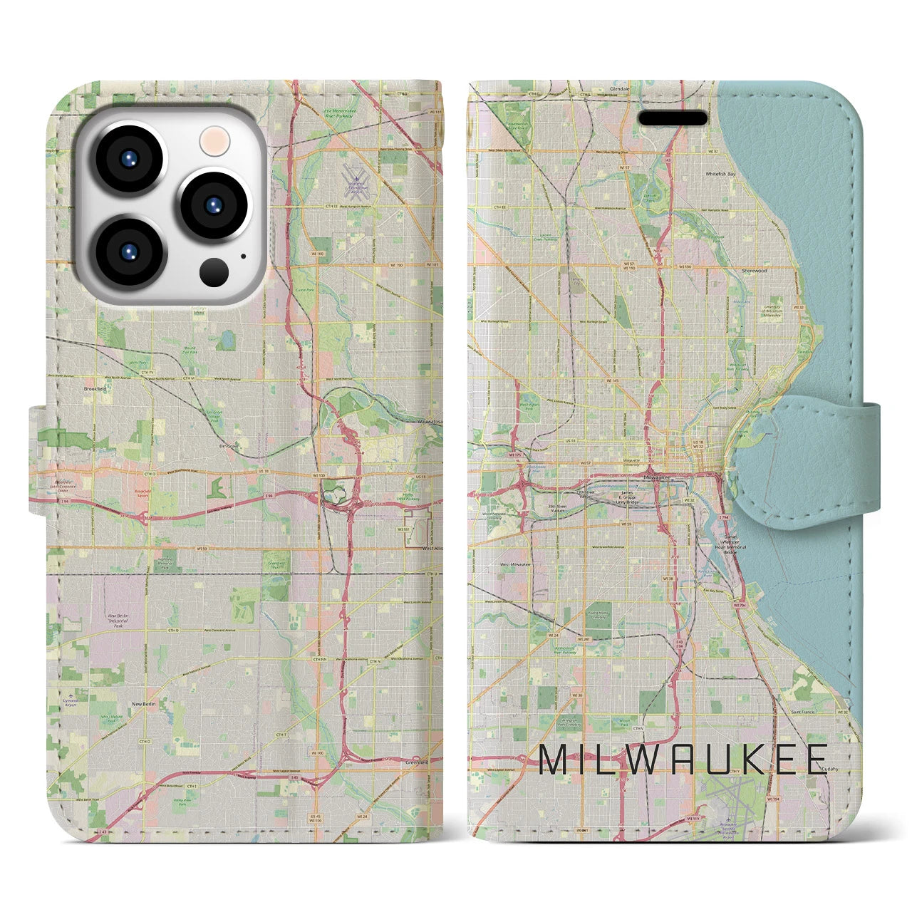 【ミルウォーキー(アメリカ)】地図柄iPhoneケース(手帳タイプ)ナチュラル・iPhone 13 Pro 用