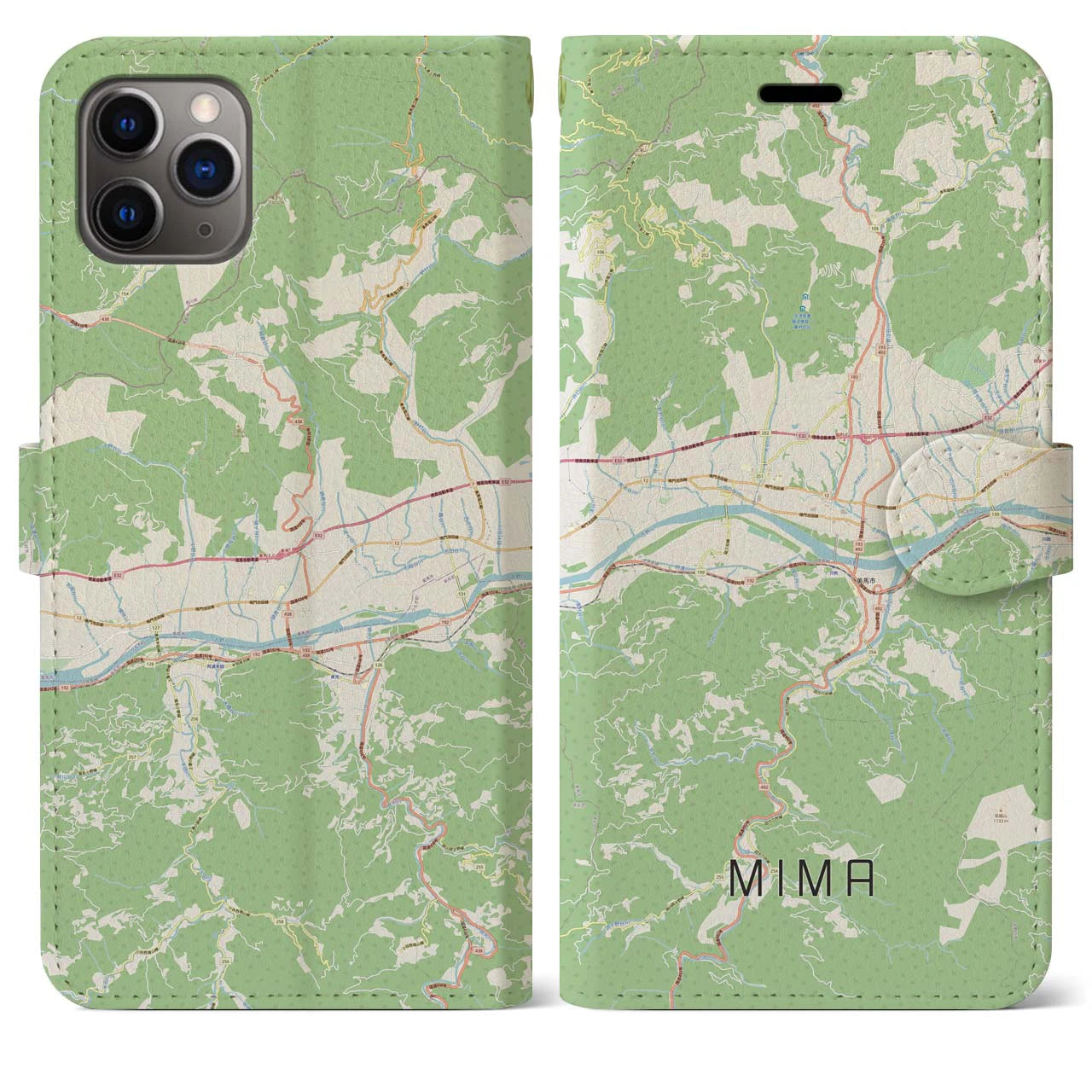【美馬(徳島県)】地図柄iPhoneケース(手帳タイプ)ナチュラル・iPhone 11 Pro Max 用