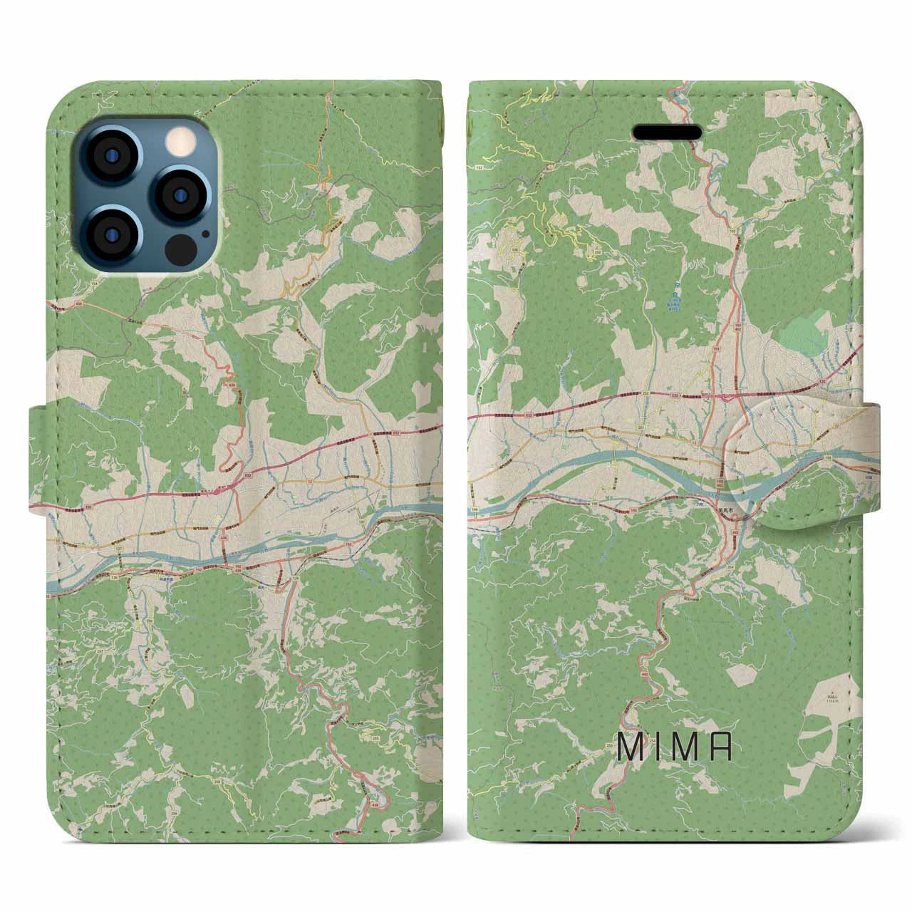 【美馬(徳島県)】地図柄iPhoneケース(手帳タイプ)ナチュラル・iPhone 12 / 12 Pro 用