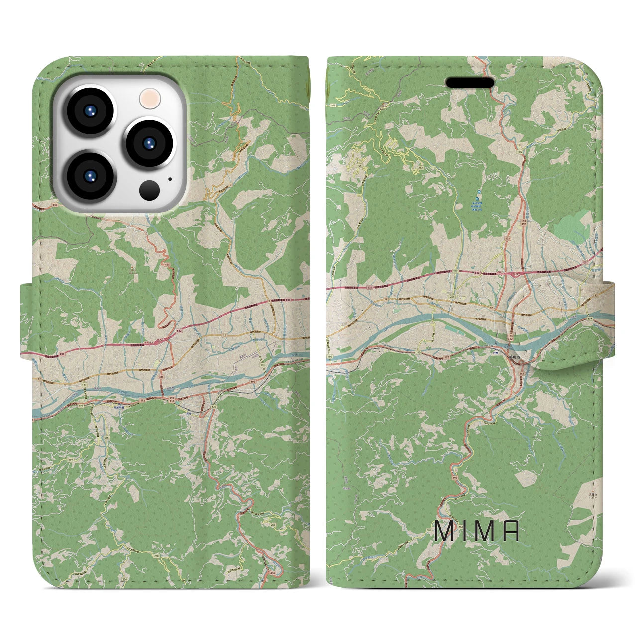 【美馬(徳島県)】地図柄iPhoneケース(手帳タイプ)ナチュラル・iPhone 13 Pro 用