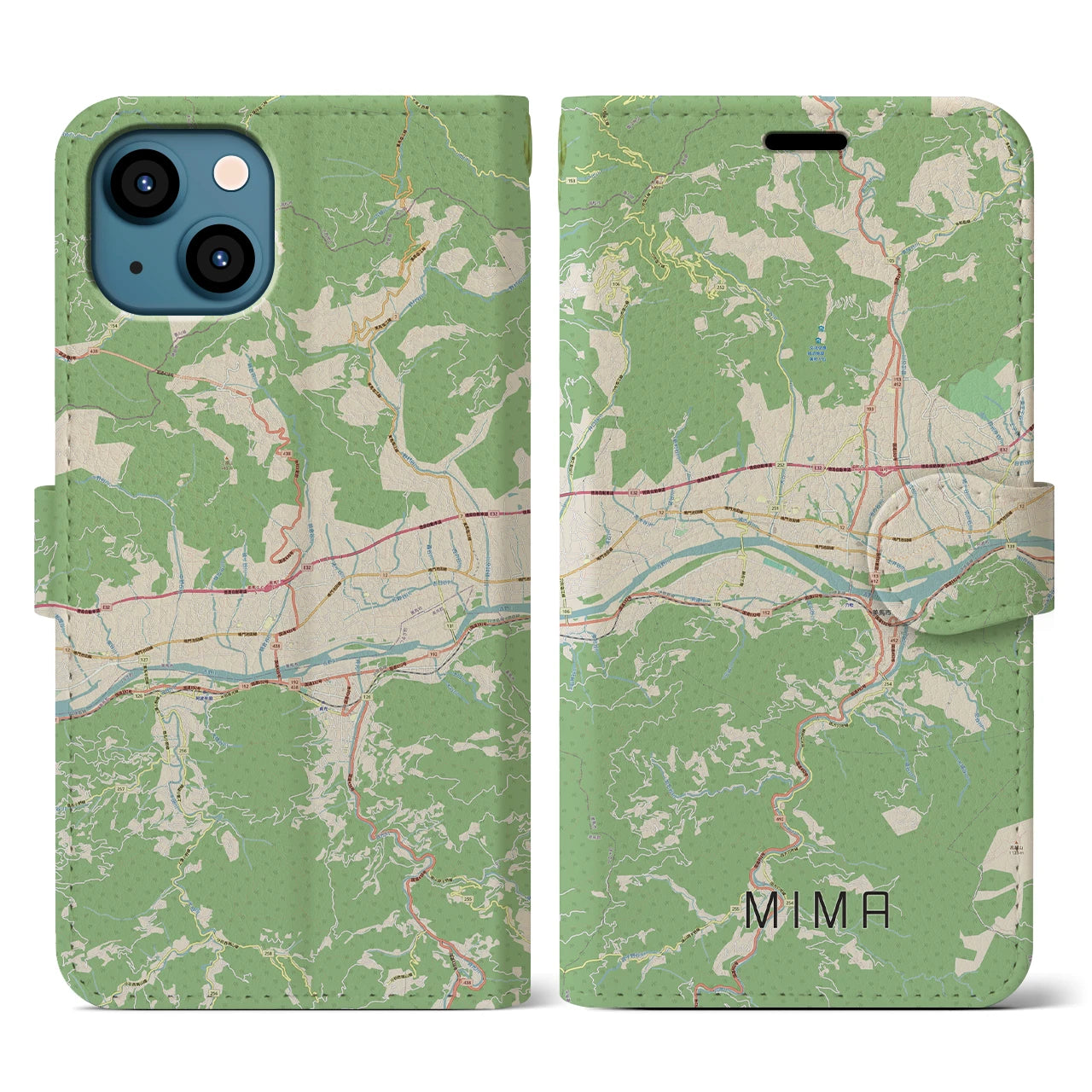 【美馬(徳島県)】地図柄iPhoneケース(手帳タイプ)ナチュラル・iPhone 13 用