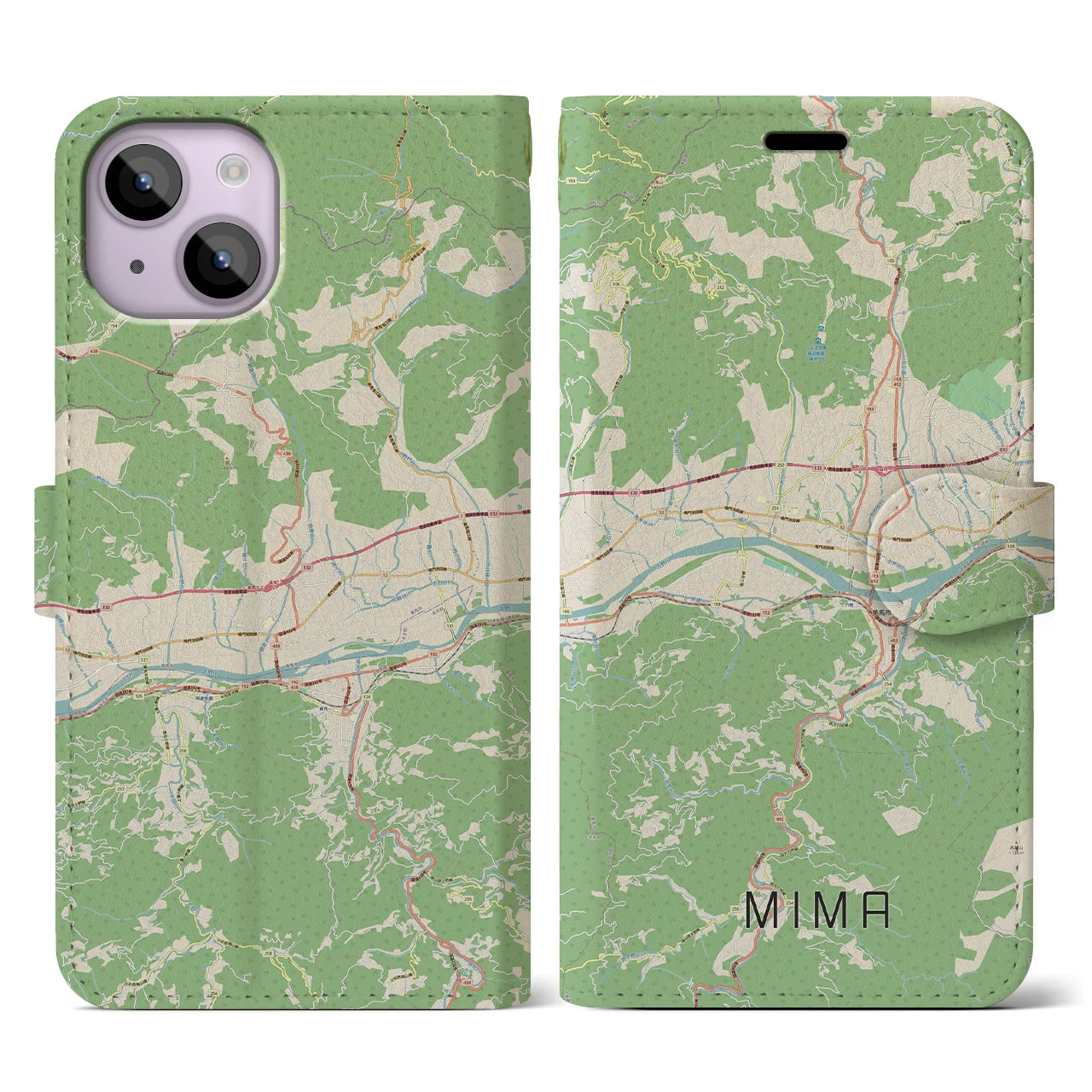 【美馬(徳島県)】地図柄iPhoneケース(手帳タイプ)ナチュラル・iPhone 14 用