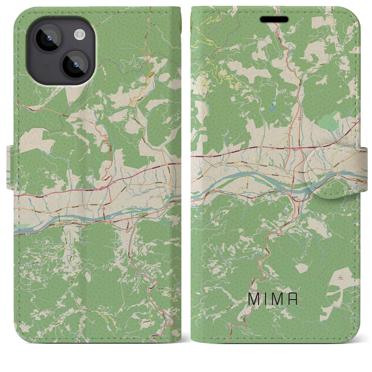 【美馬(徳島県)】地図柄iPhoneケース(手帳タイプ)ナチュラル・iPhone 14 Plus 用