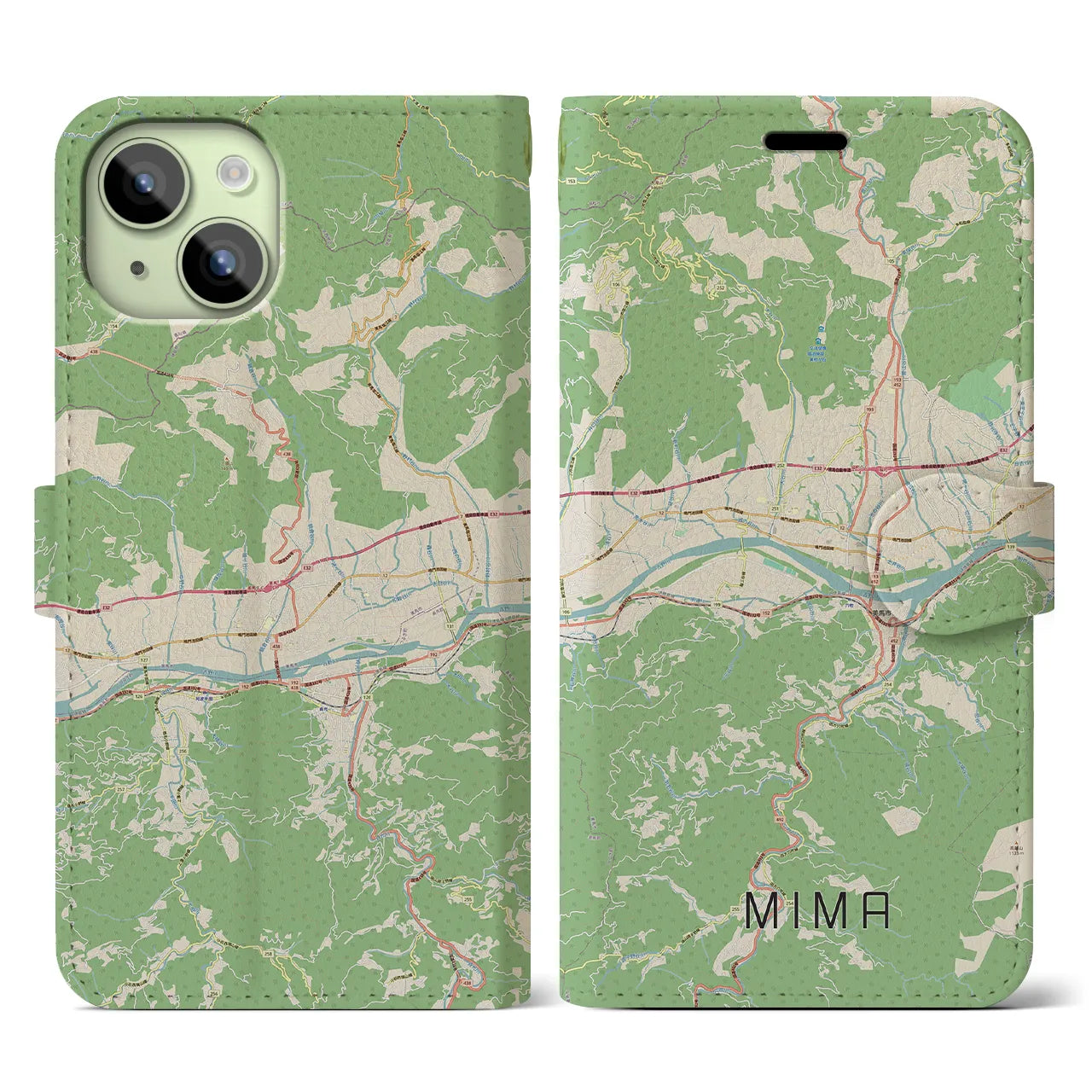 【美馬(徳島県)】地図柄iPhoneケース(手帳タイプ)ナチュラル・iPhone 15 用