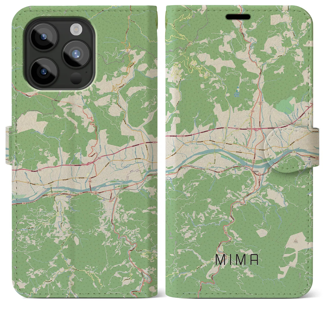 【美馬(徳島県)】地図柄iPhoneケース(手帳タイプ)ナチュラル・iPhone 15 Pro Max 用
