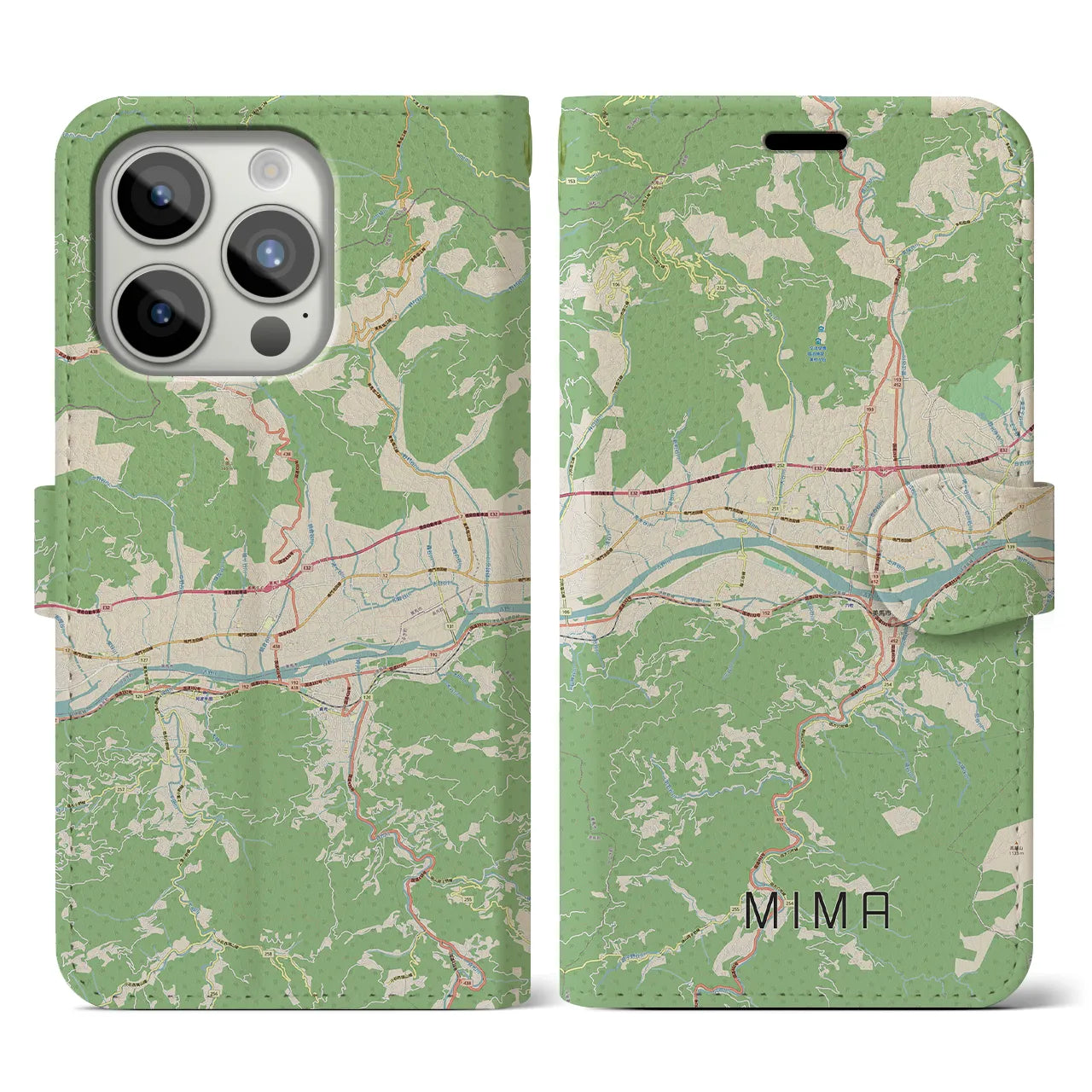【美馬(徳島県)】地図柄iPhoneケース(手帳タイプ)ナチュラル・iPhone 15 Pro 用