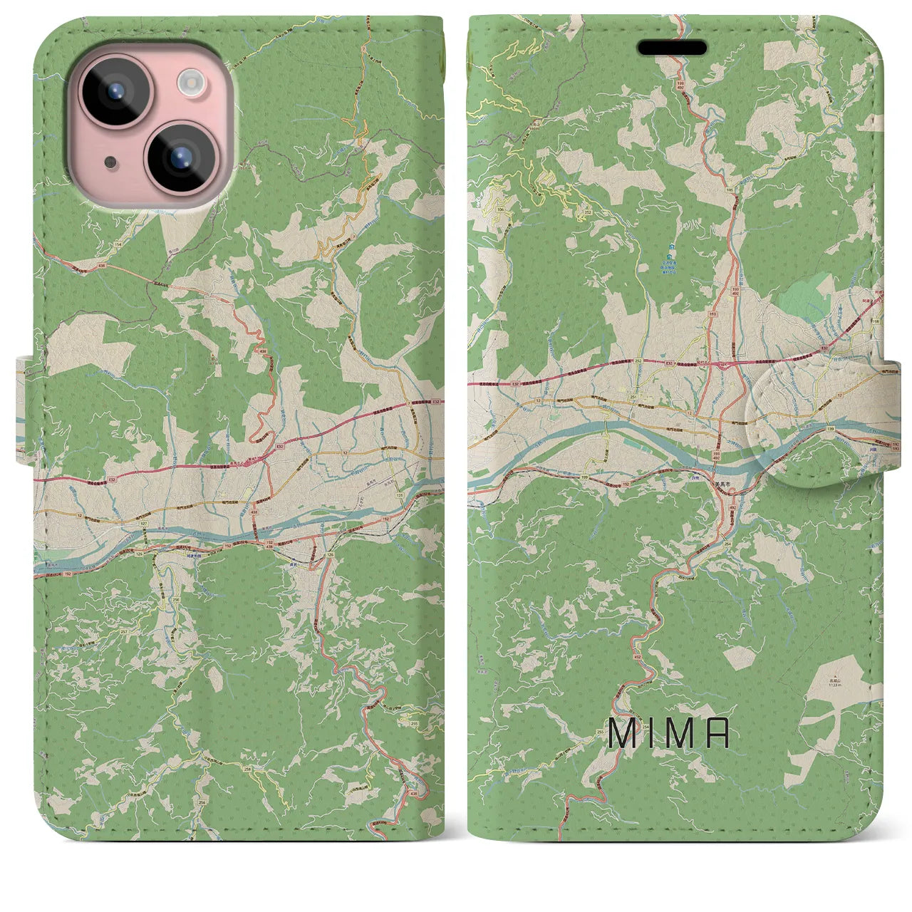 【美馬(徳島県)】地図柄iPhoneケース(手帳タイプ)ナチュラル・iPhone 15 Plus 用