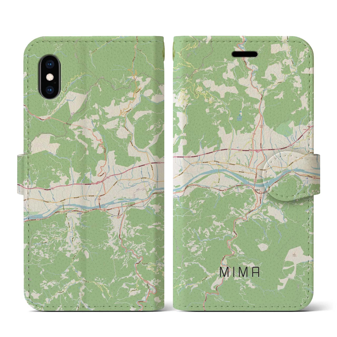 【美馬(徳島県)】地図柄iPhoneケース(手帳タイプ)ナチュラル・iPhone XS / X 用