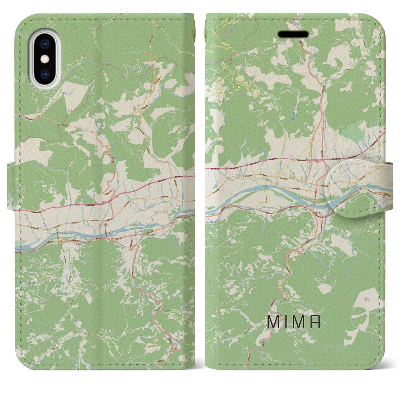 【美馬(徳島県)】地図柄iPhoneケース(手帳タイプ)ナチュラル・iPhone XS Max 用
