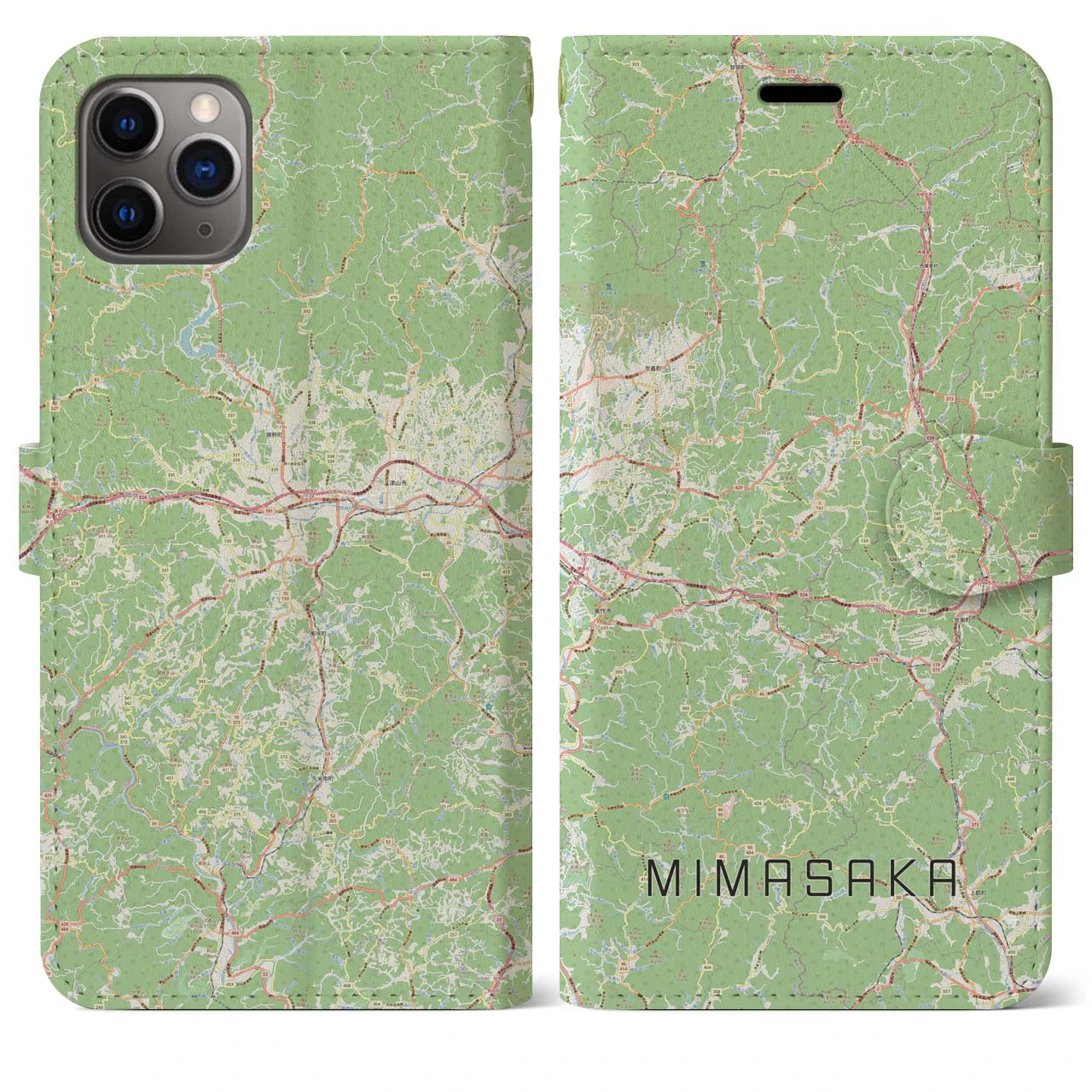 【美作(岡山県)】地図柄iPhoneケース(手帳タイプ)ナチュラル・iPhone 11 Pro Max 用