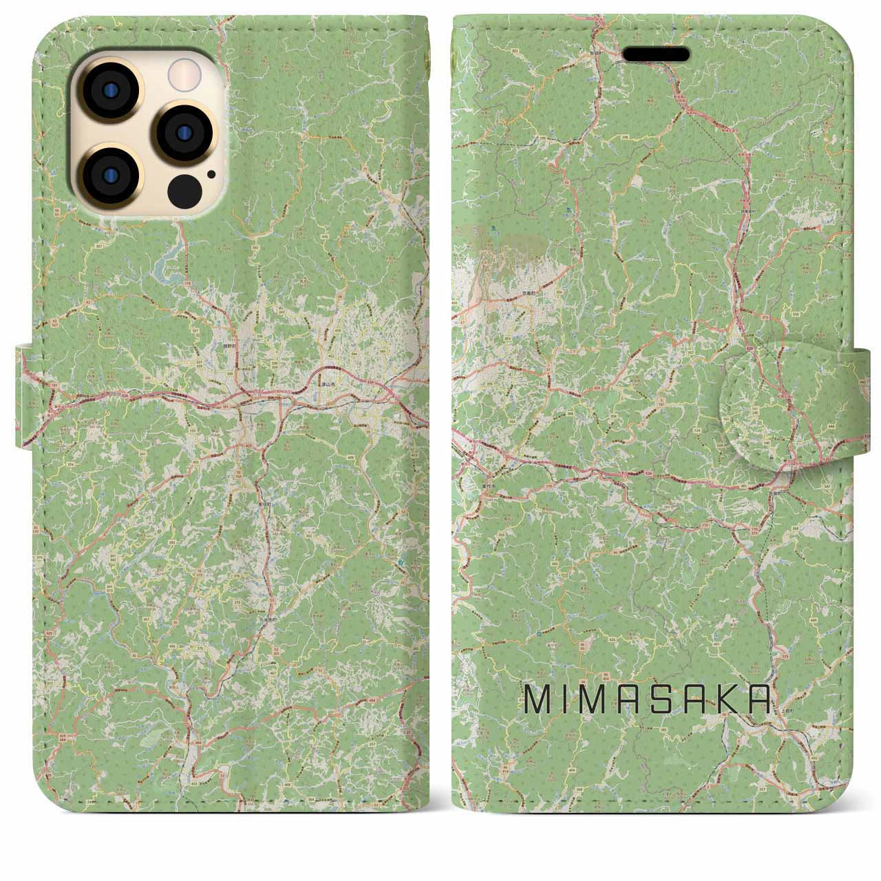 【美作(岡山県)】地図柄iPhoneケース(手帳タイプ)ナチュラル・iPhone 12 Pro Max 用