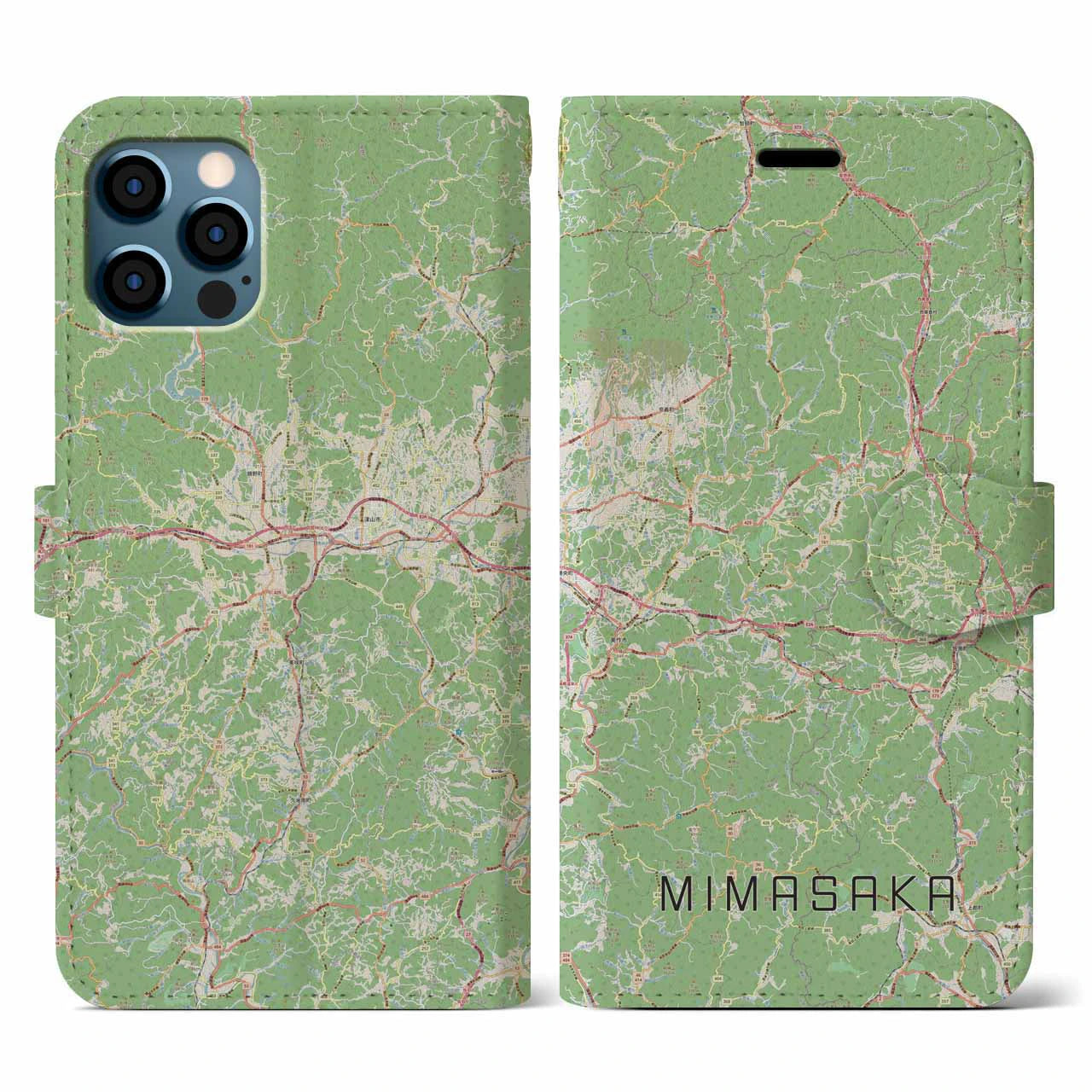 【美作(岡山県)】地図柄iPhoneケース(手帳タイプ)ナチュラル・iPhone 12 / 12 Pro 用