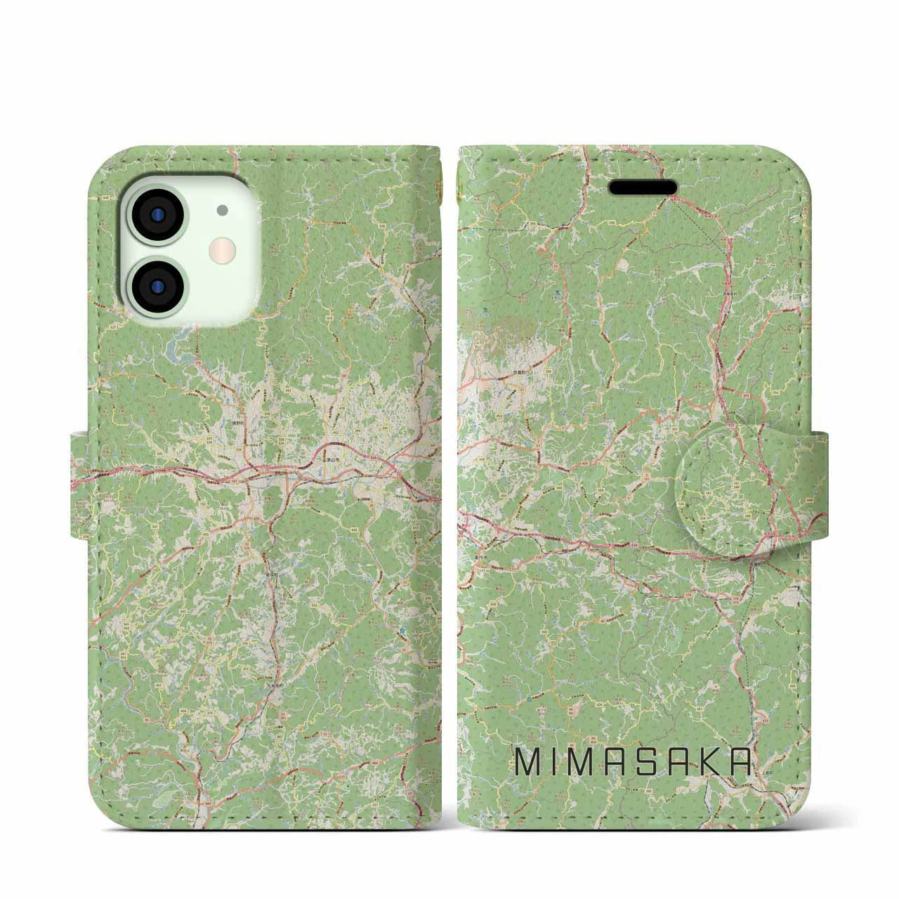 【美作(岡山県)】地図柄iPhoneケース(手帳タイプ)ナチュラル・iPhone 12 mini 用