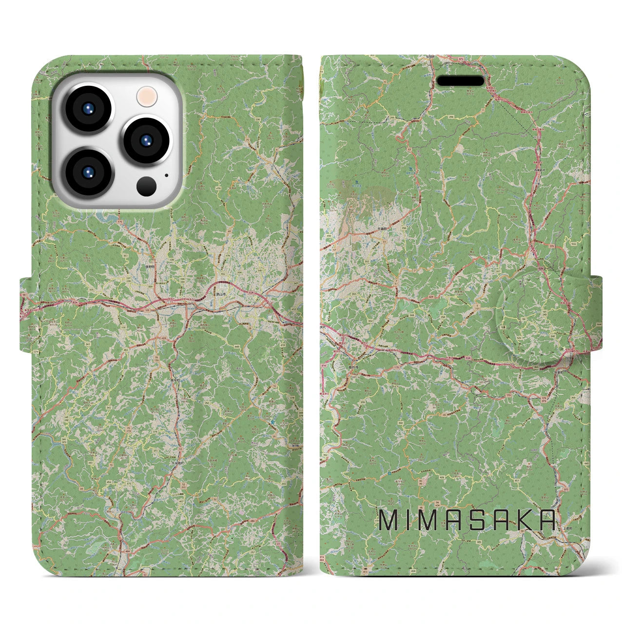 【美作(岡山県)】地図柄iPhoneケース(手帳タイプ)ナチュラル・iPhone 13 Pro 用