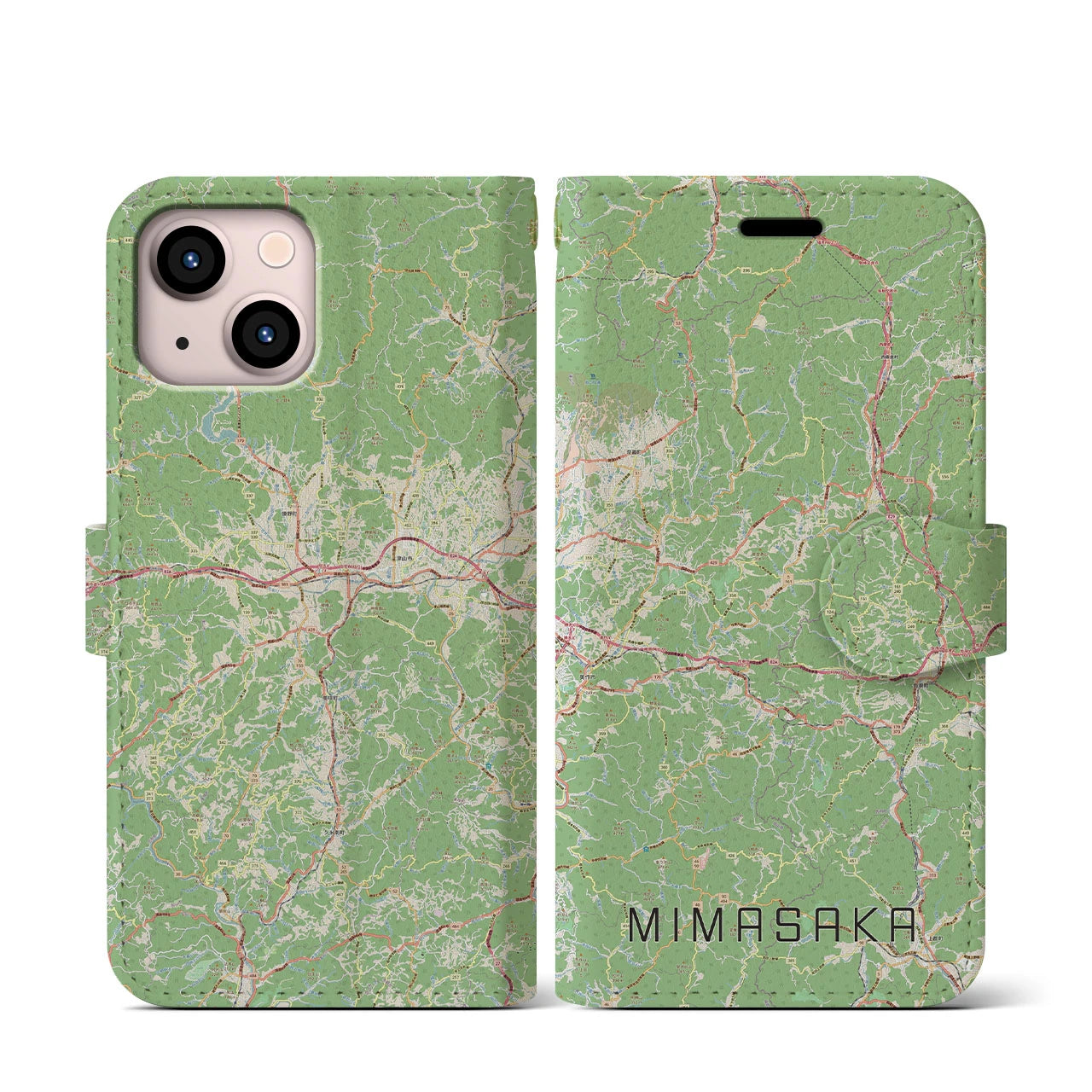 【美作(岡山県)】地図柄iPhoneケース(手帳タイプ)ナチュラル・iPhone 13 mini 用