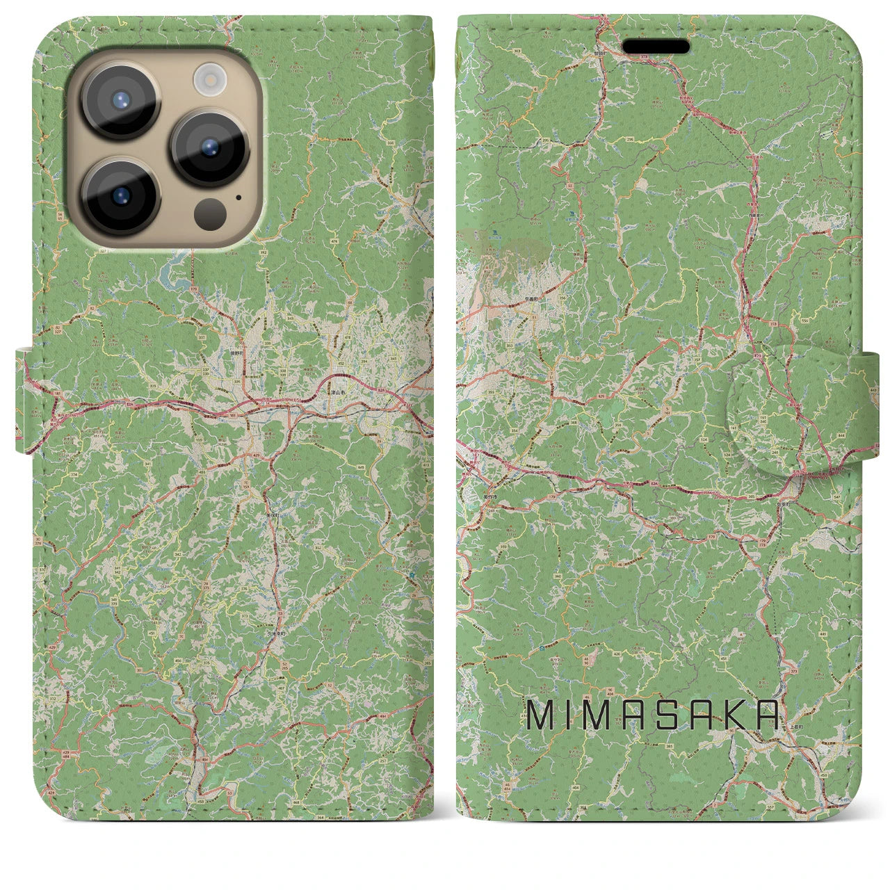 【美作(岡山県)】地図柄iPhoneケース(手帳タイプ)ナチュラル・iPhone 14 Pro Max 用