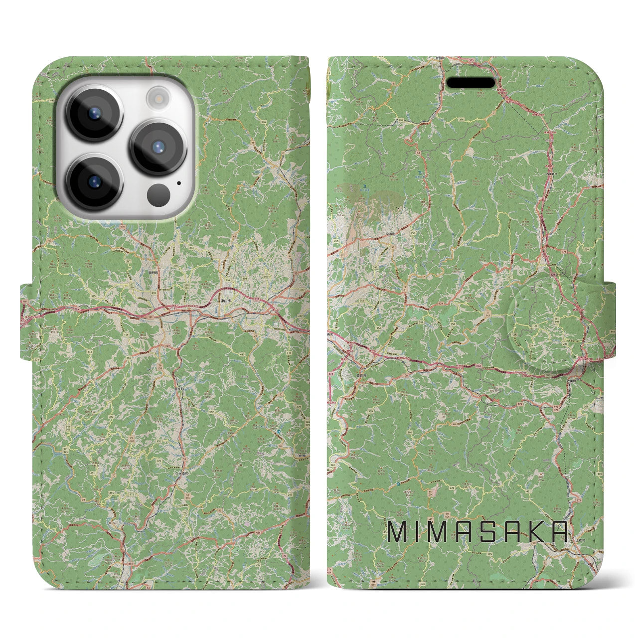 【美作(岡山県)】地図柄iPhoneケース(手帳タイプ)ナチュラル・iPhone 14 Pro 用