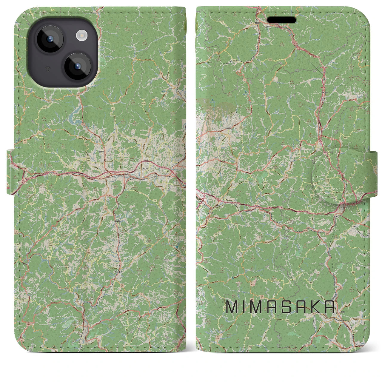 【美作(岡山県)】地図柄iPhoneケース(手帳タイプ)ナチュラル・iPhone 14 Plus 用