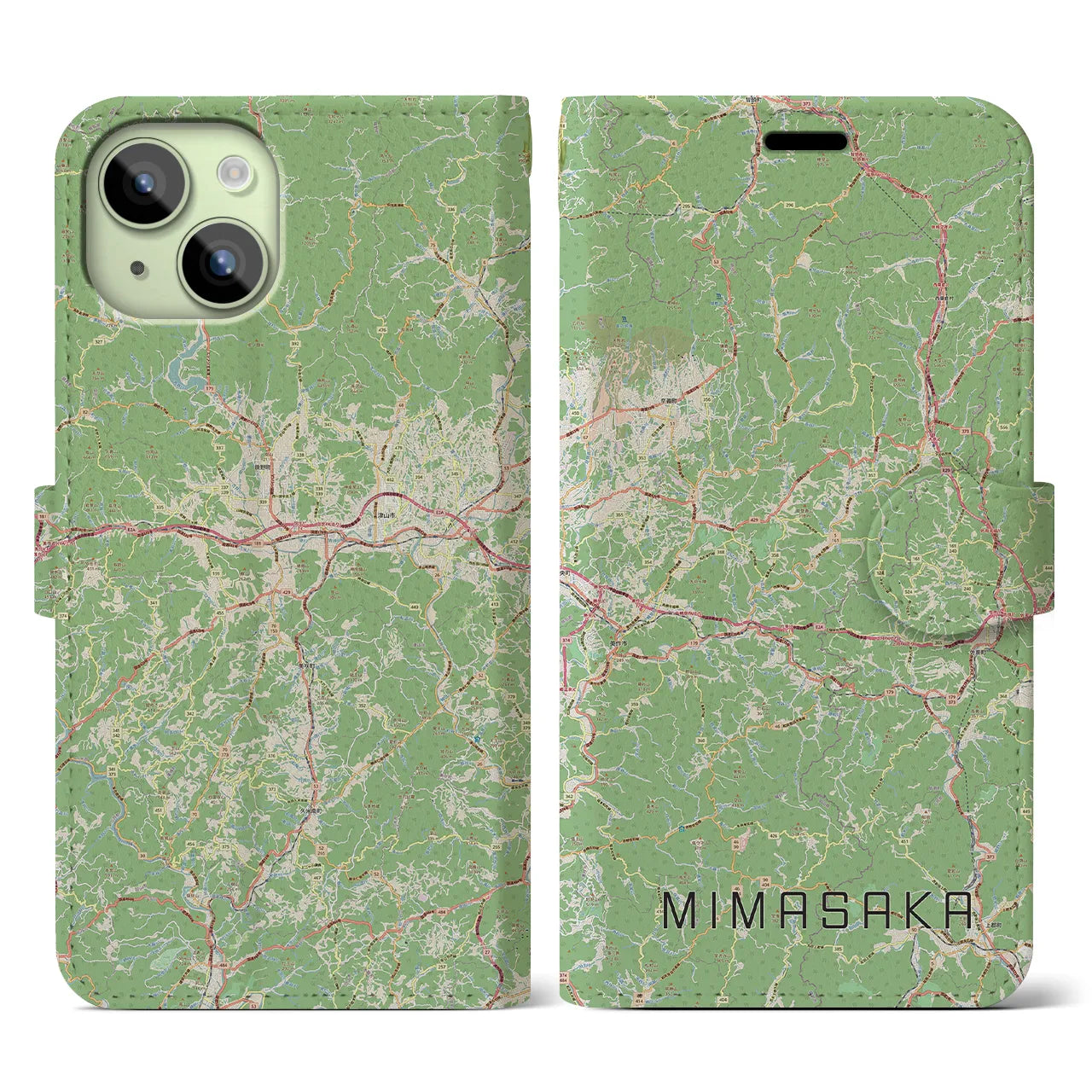 【美作(岡山県)】地図柄iPhoneケース(手帳タイプ)ナチュラル・iPhone 15 用