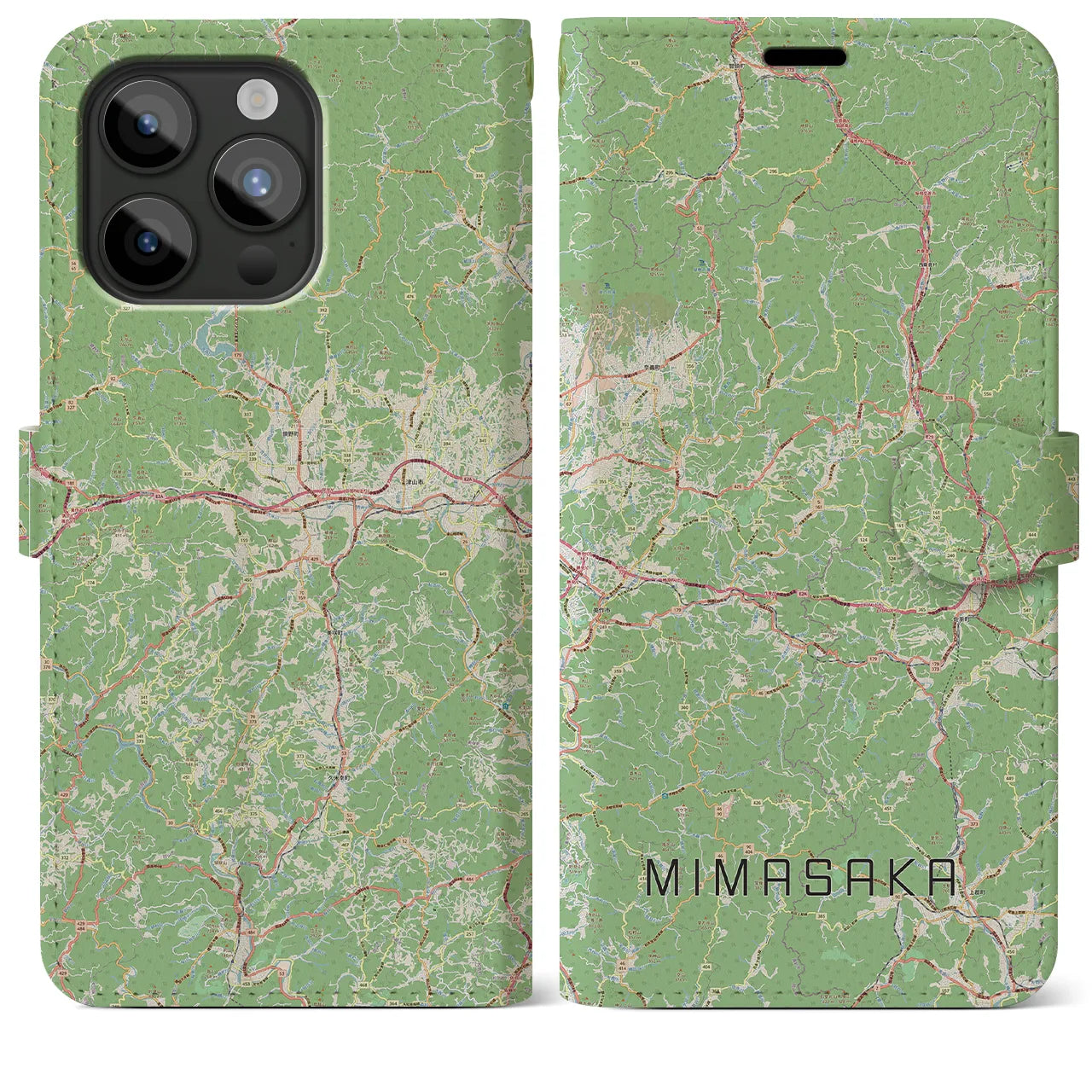 【美作(岡山県)】地図柄iPhoneケース(手帳タイプ)ナチュラル・iPhone 15 Pro Max 用
