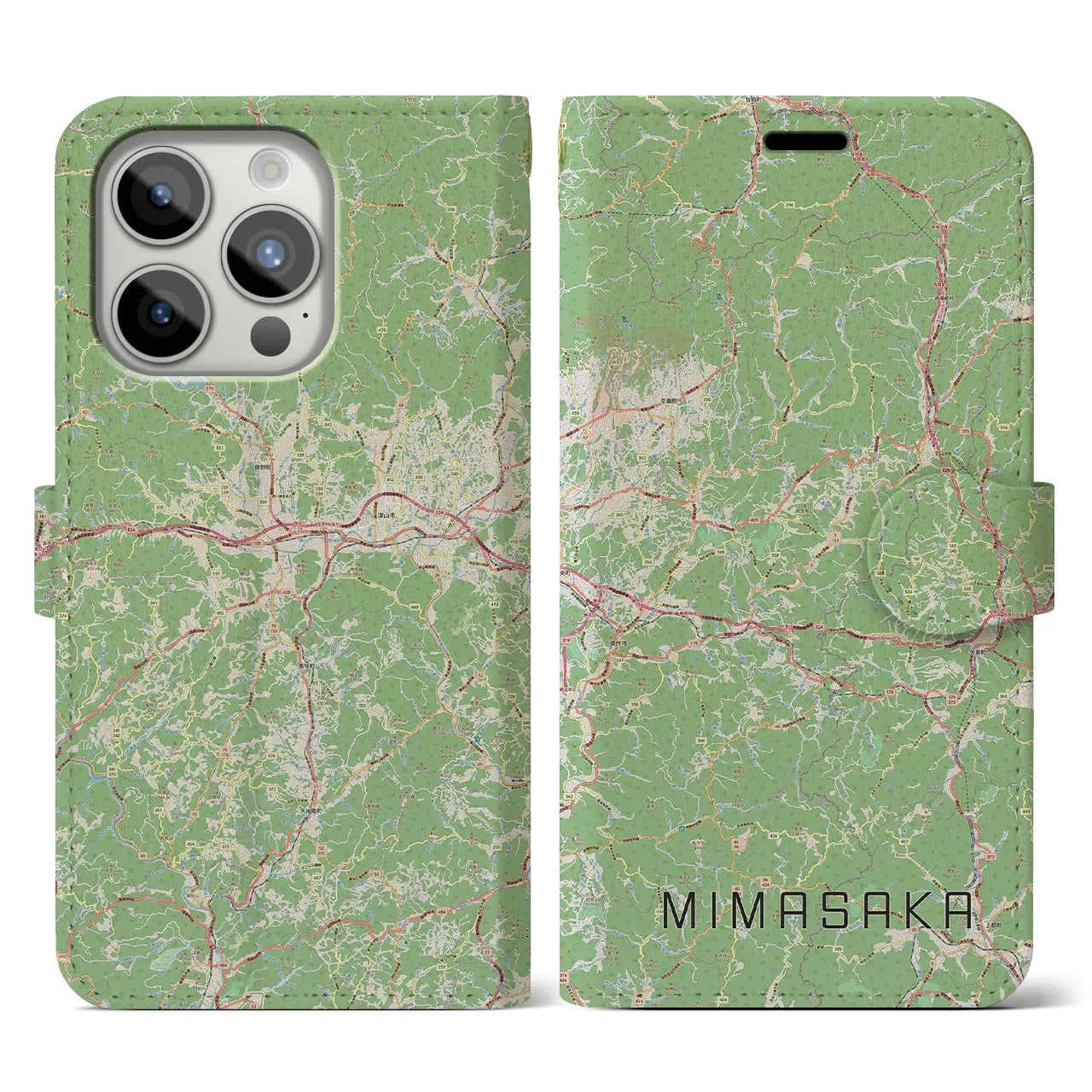 【美作(岡山県)】地図柄iPhoneケース(手帳タイプ)ナチュラル・iPhone 15 Pro 用