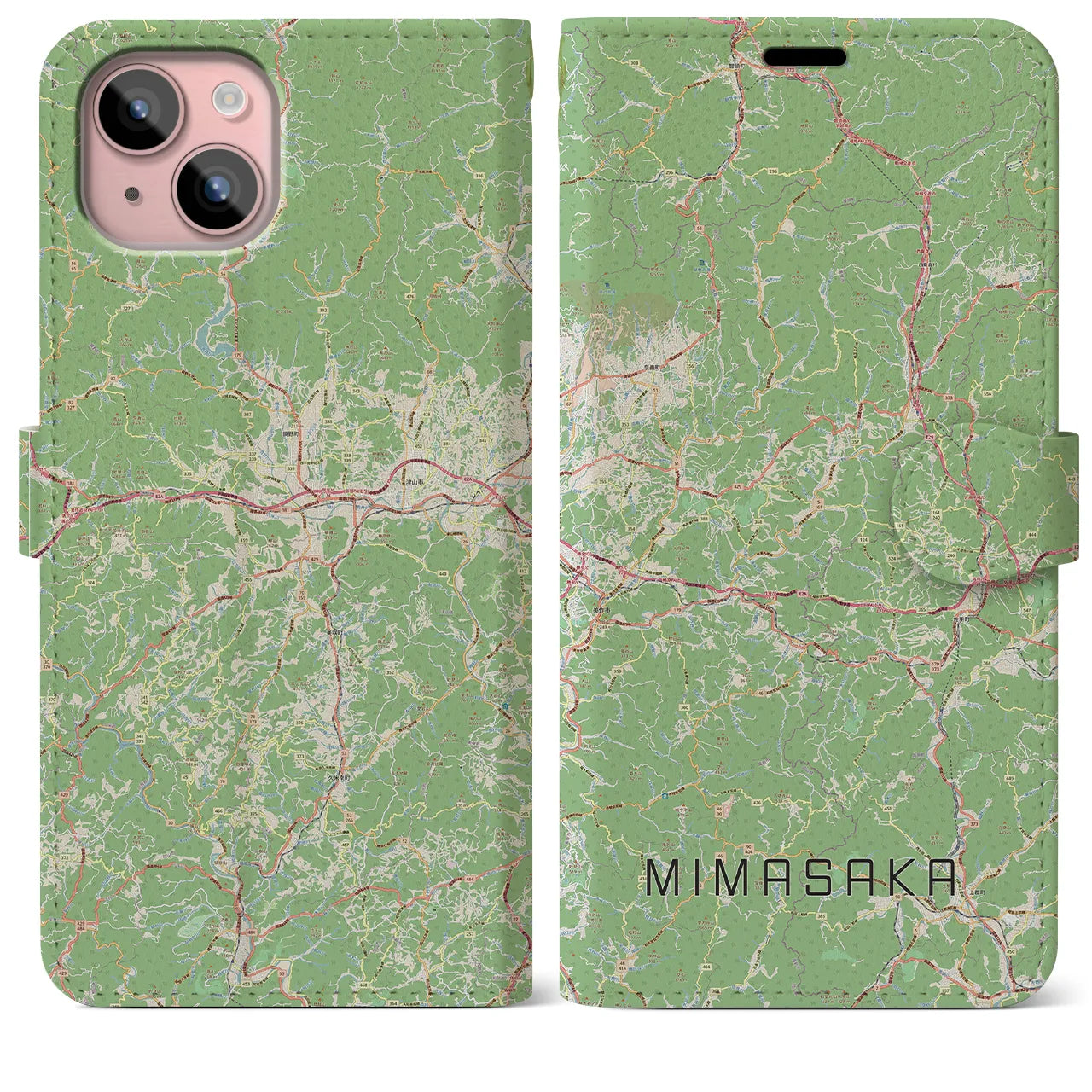 【美作(岡山県)】地図柄iPhoneケース(手帳タイプ)ナチュラル・iPhone 15 Plus 用