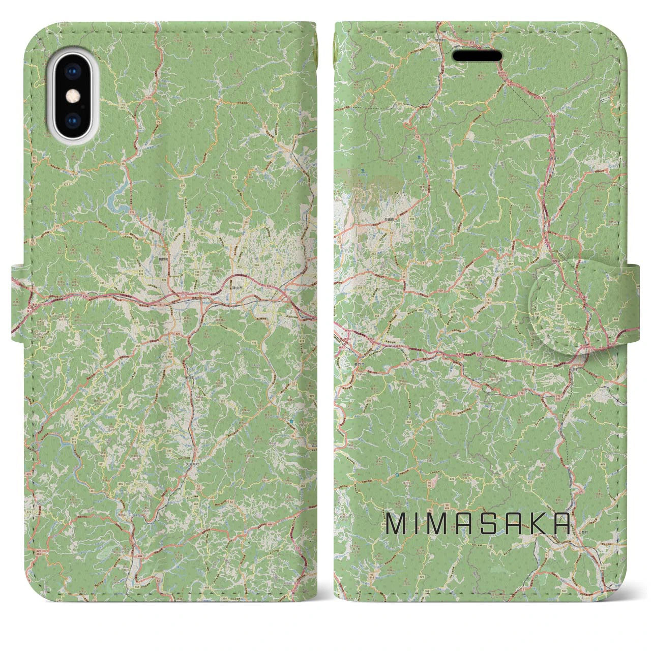 【美作(岡山県)】地図柄iPhoneケース(手帳タイプ)ナチュラル・iPhone XS Max 用