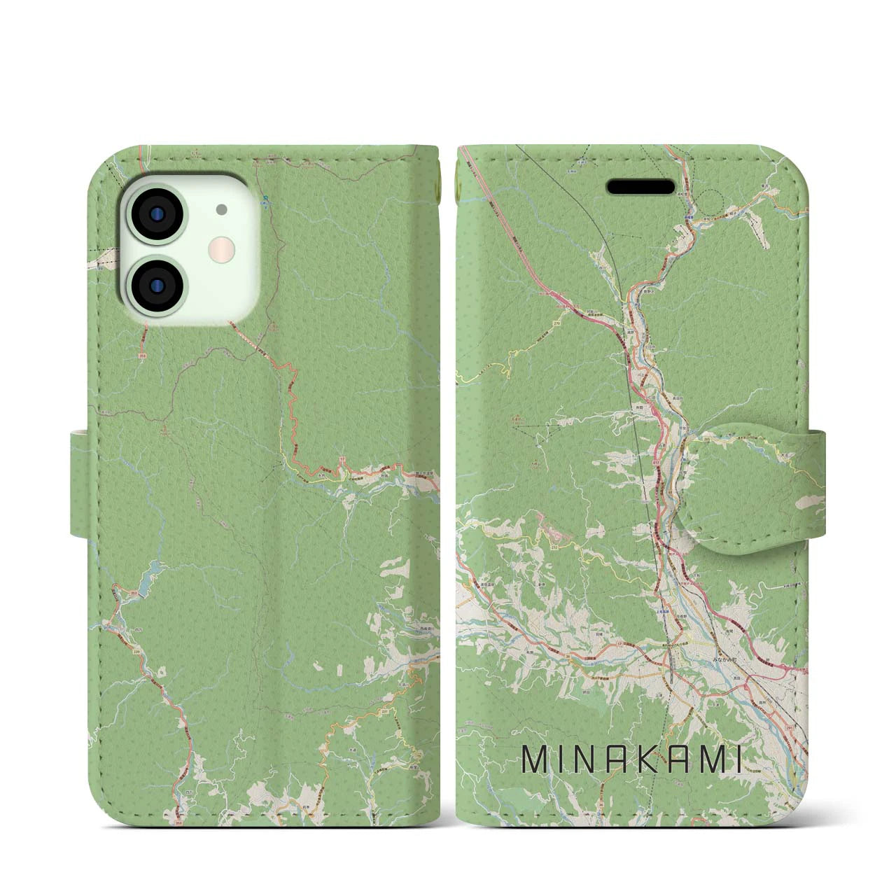 【みなかみ(群馬県)】地図柄iPhoneケース(手帳タイプ)ナチュラル・iPhone 12 mini 用