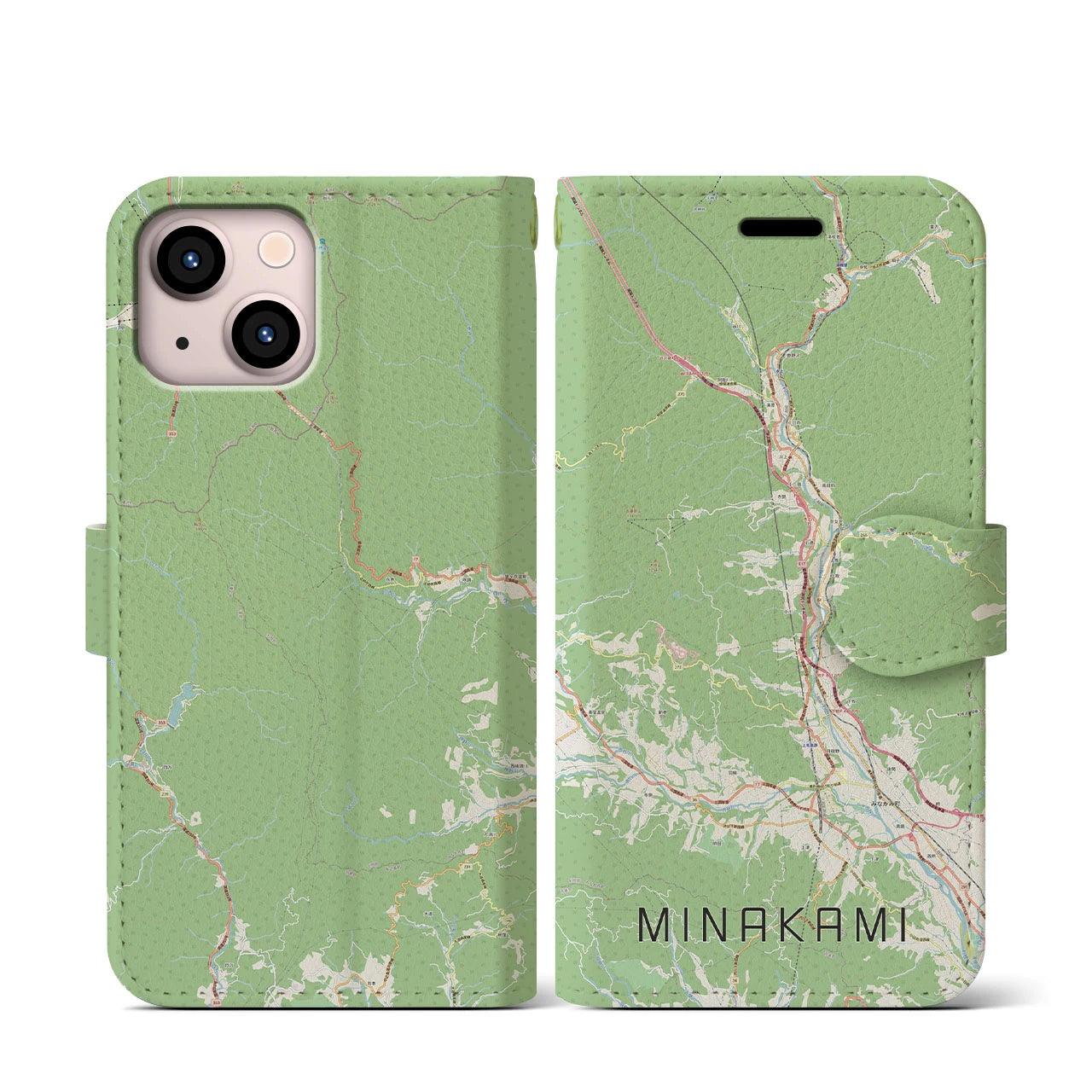 【みなかみ(群馬県)】地図柄iPhoneケース(手帳タイプ)ナチュラル・iPhone 13 mini 用
