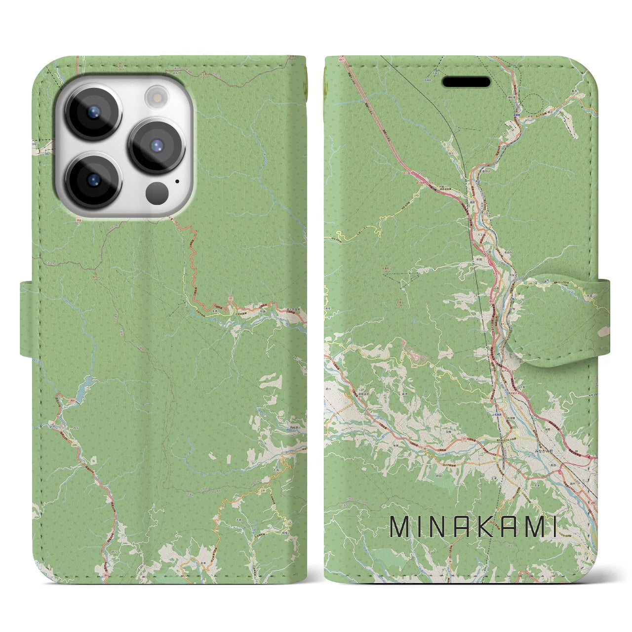 【みなかみ(群馬県)】地図柄iPhoneケース(手帳タイプ)ナチュラル・iPhone 14 Pro 用