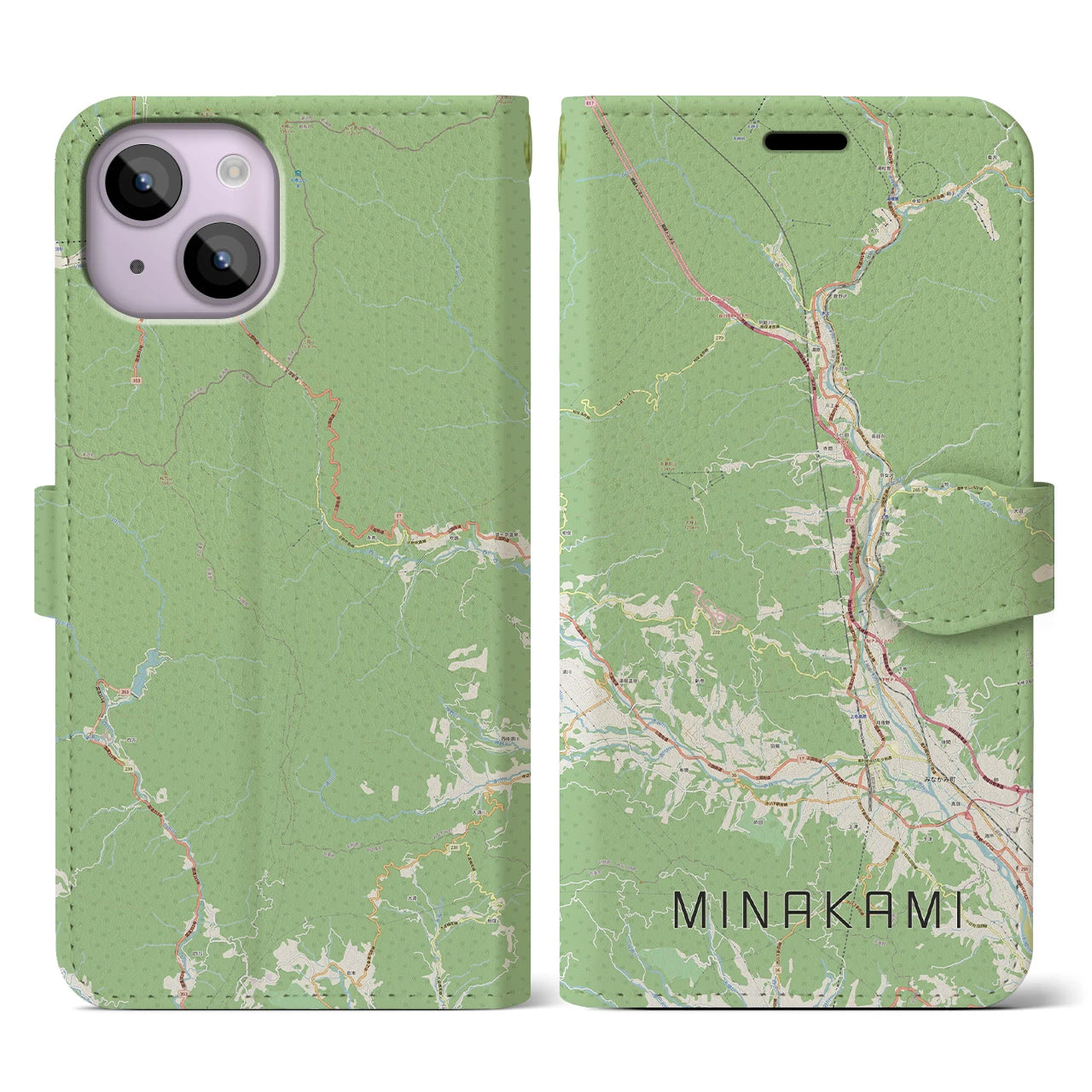 【みなかみ(群馬県)】地図柄iPhoneケース(手帳タイプ)ナチュラル・iPhone 14 用