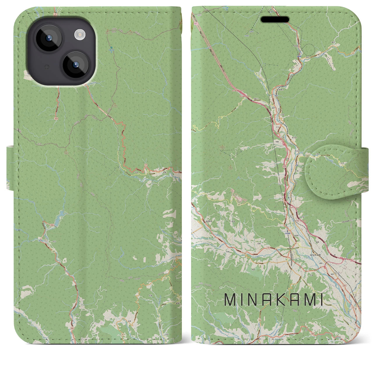 【みなかみ(群馬県)】地図柄iPhoneケース(手帳タイプ)ナチュラル・iPhone 14 Plus 用