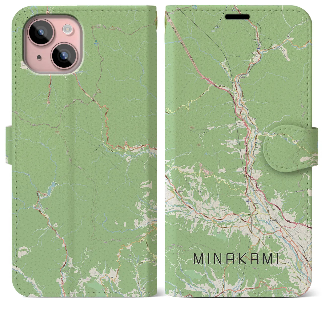 【みなかみ(群馬県)】地図柄iPhoneケース(手帳タイプ)ナチュラル・iPhone 15 Plus 用