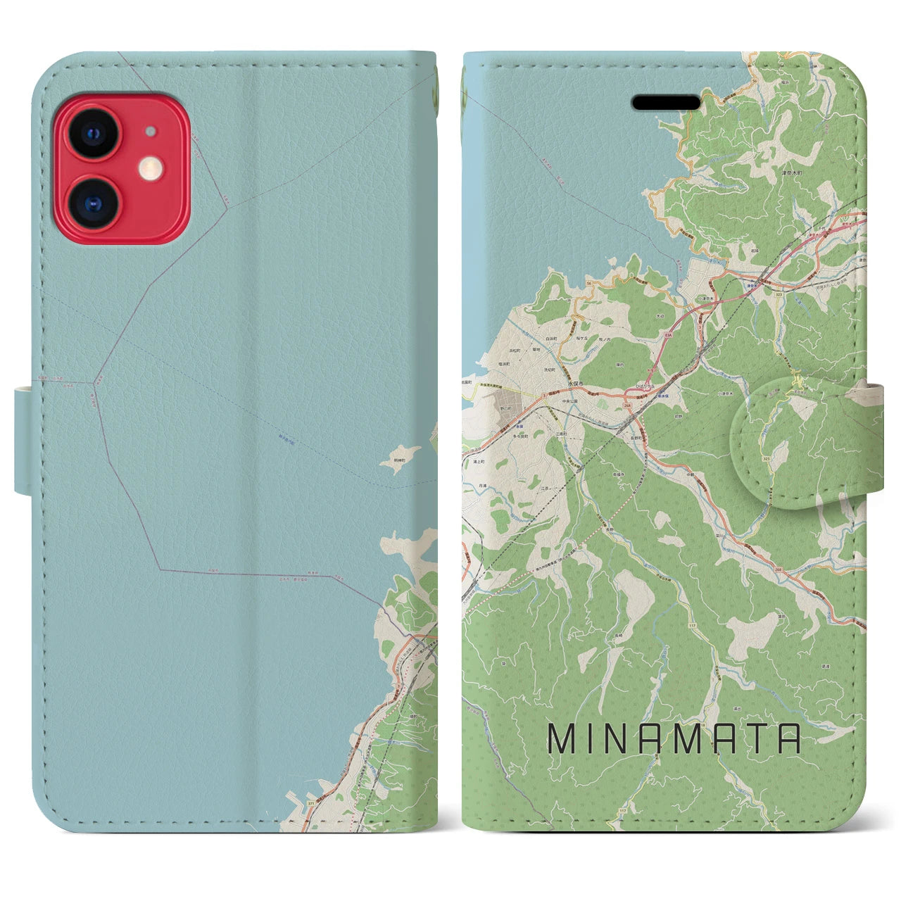 【水俣(熊本県)】地図柄iPhoneケース(手帳タイプ)ナチュラル・iPhone 11 用