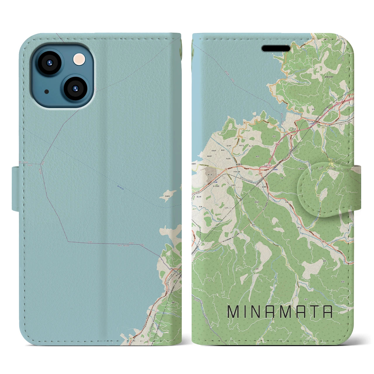 【水俣(熊本県)】地図柄iPhoneケース(手帳タイプ)ナチュラル・iPhone 13 用