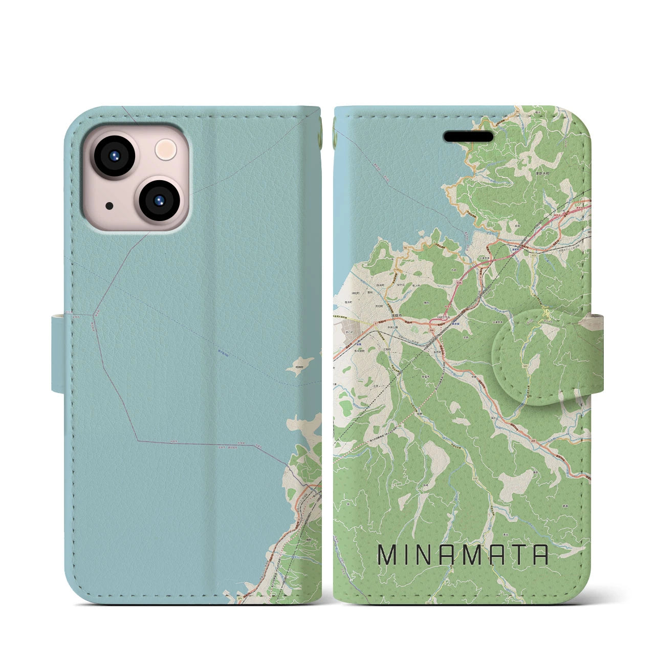 【水俣(熊本県)】地図柄iPhoneケース(手帳タイプ)ナチュラル・iPhone 13 mini 用