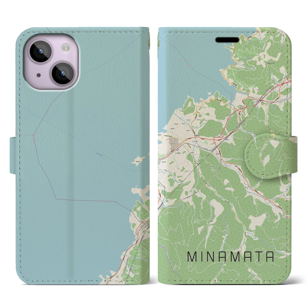 【水俣(熊本県)】地図柄iPhoneケース(手帳タイプ)ナチュラル・iPhone 14 用