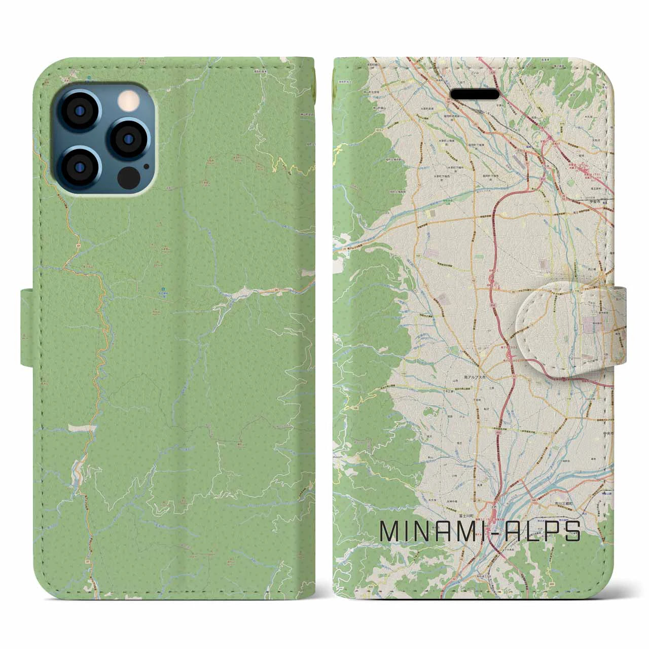 【南アルプス(山梨県)】地図柄iPhoneケース(手帳タイプ)ナチュラル・iPhone 12 / 12 Pro 用