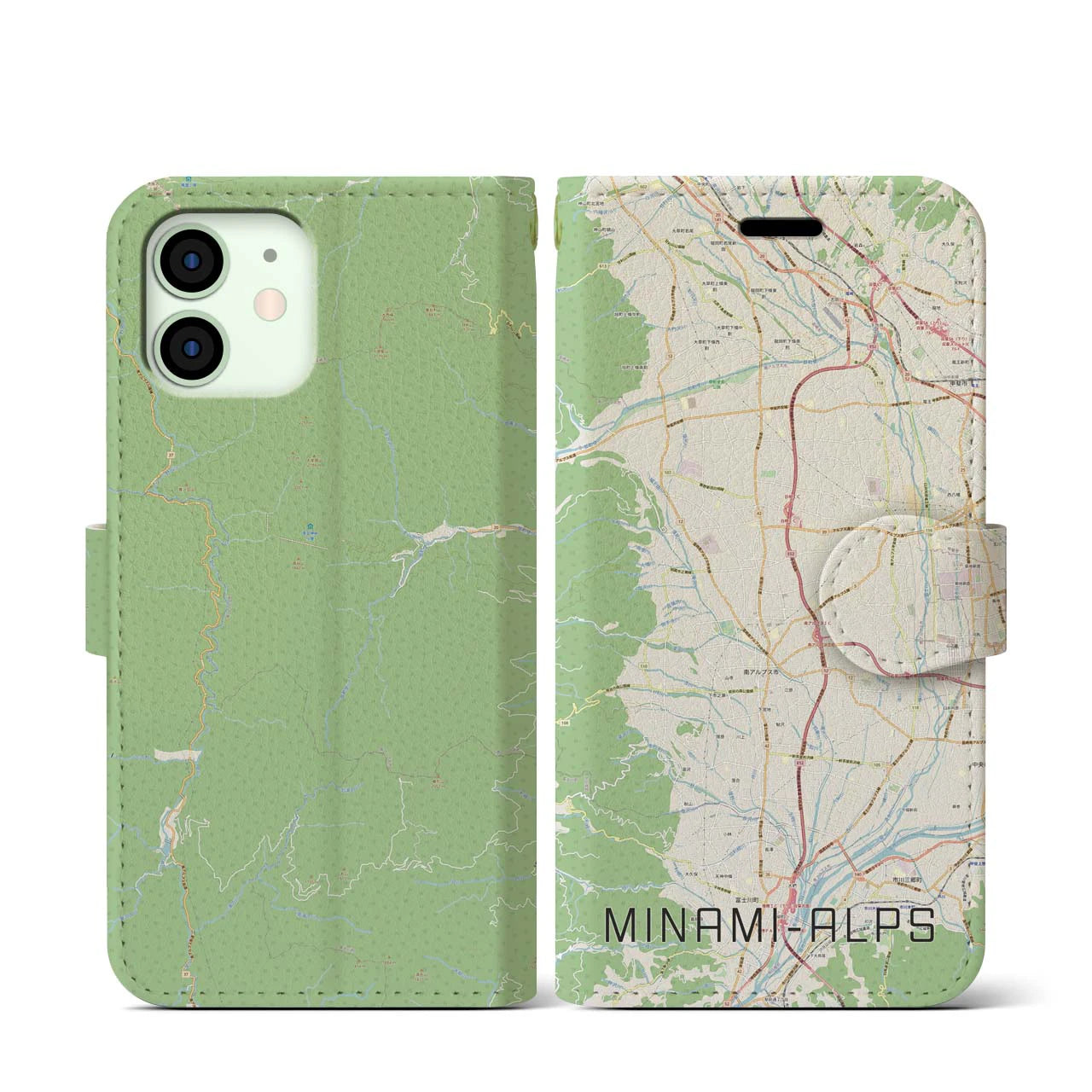 【南アルプス(山梨県)】地図柄iPhoneケース(手帳タイプ)ナチュラル・iPhone 12 mini 用