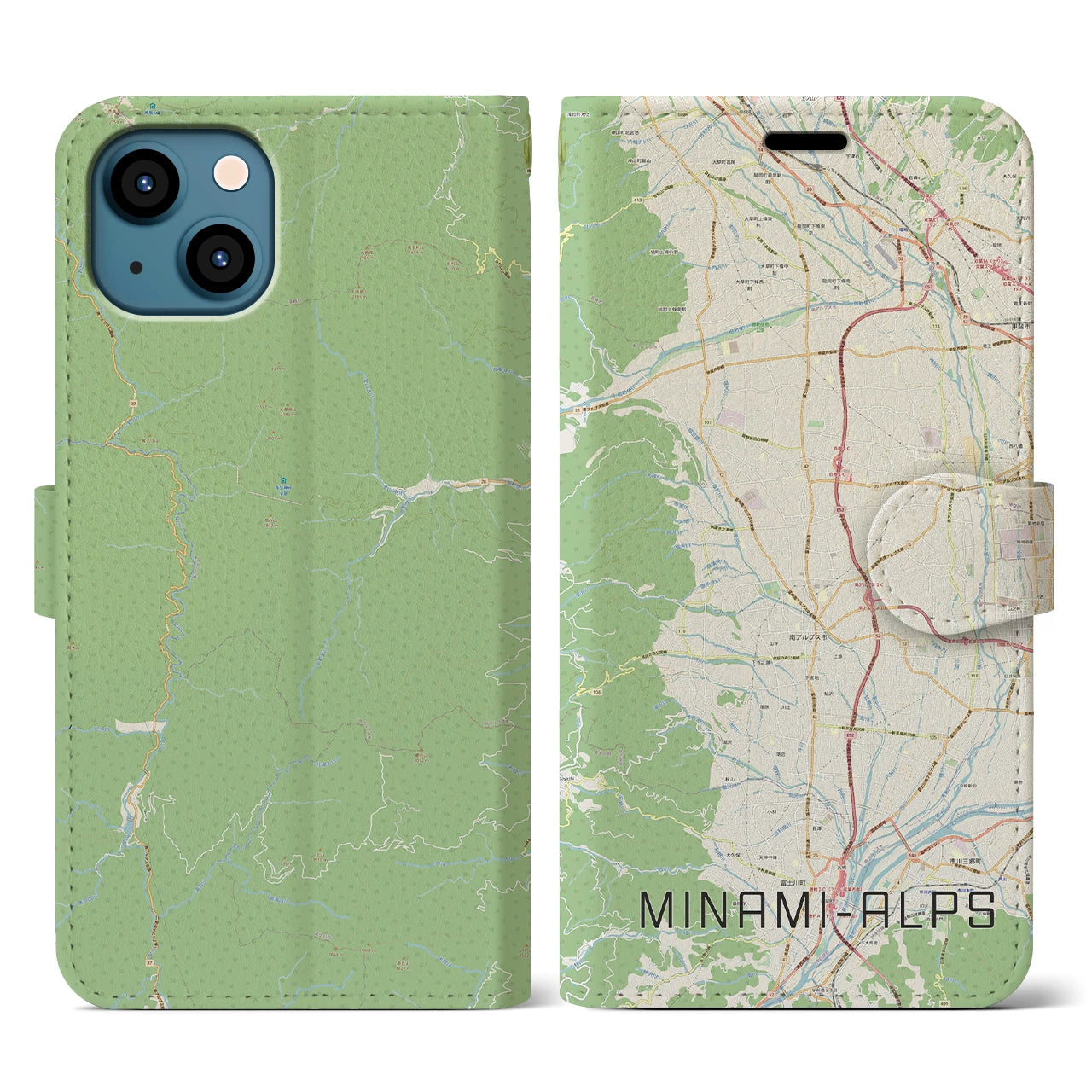 【南アルプス(山梨県)】地図柄iPhoneケース(手帳タイプ)ナチュラル・iPhone 13 用