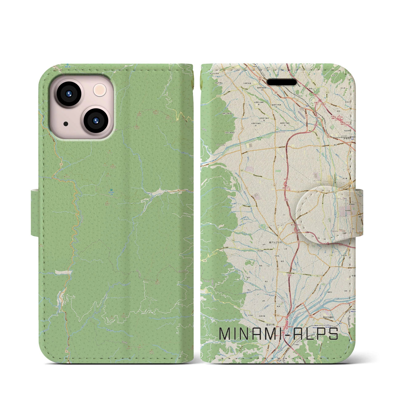 【南アルプス(山梨県)】地図柄iPhoneケース(手帳タイプ)ナチュラル・iPhone 13 mini 用