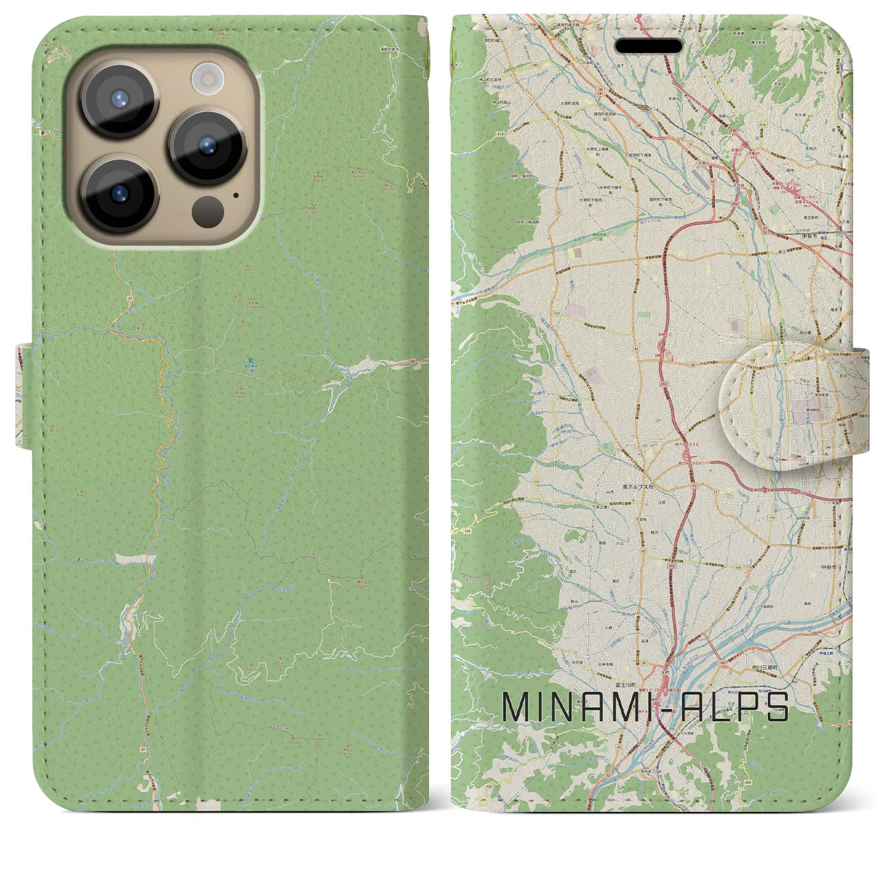 【南アルプス(山梨県)】地図柄iPhoneケース(手帳タイプ)ナチュラル・iPhone 14 Pro Max 用